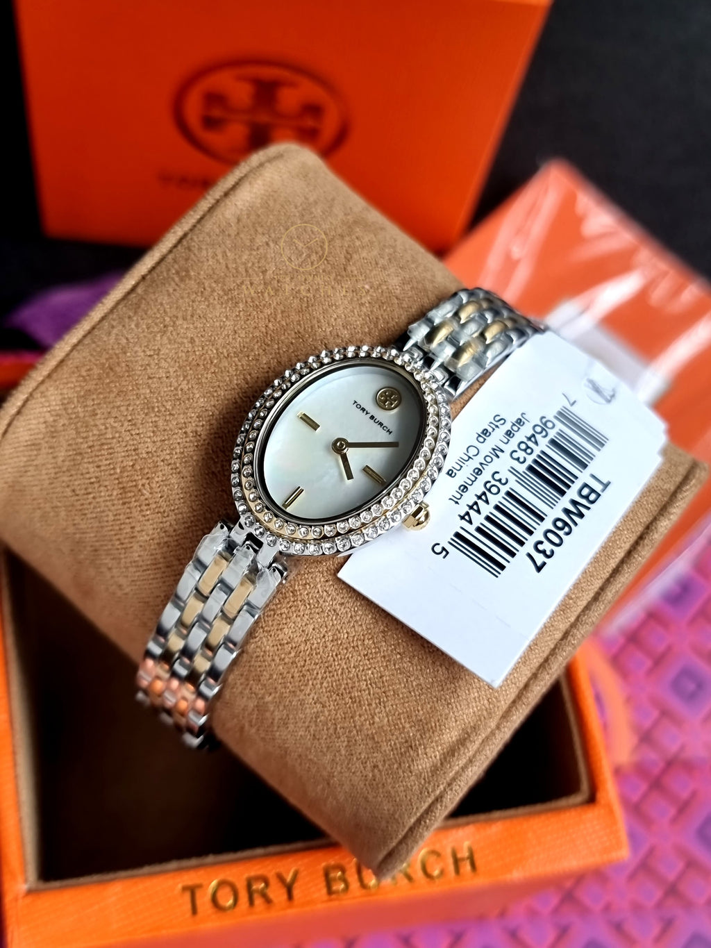 Tory Burch Women's Watch TBW6037 Quartz Oval Mother of Pearl Dial Two Tone Steel