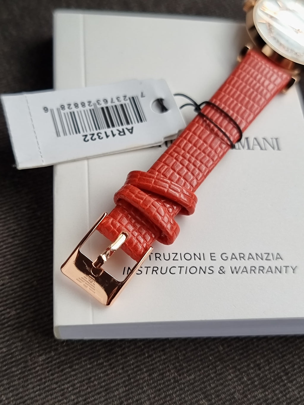 Emporio Armani Gianni T-Bar Red Leather Strap Mother Of Pearl Dial Quartz Watch for Women - AR11322