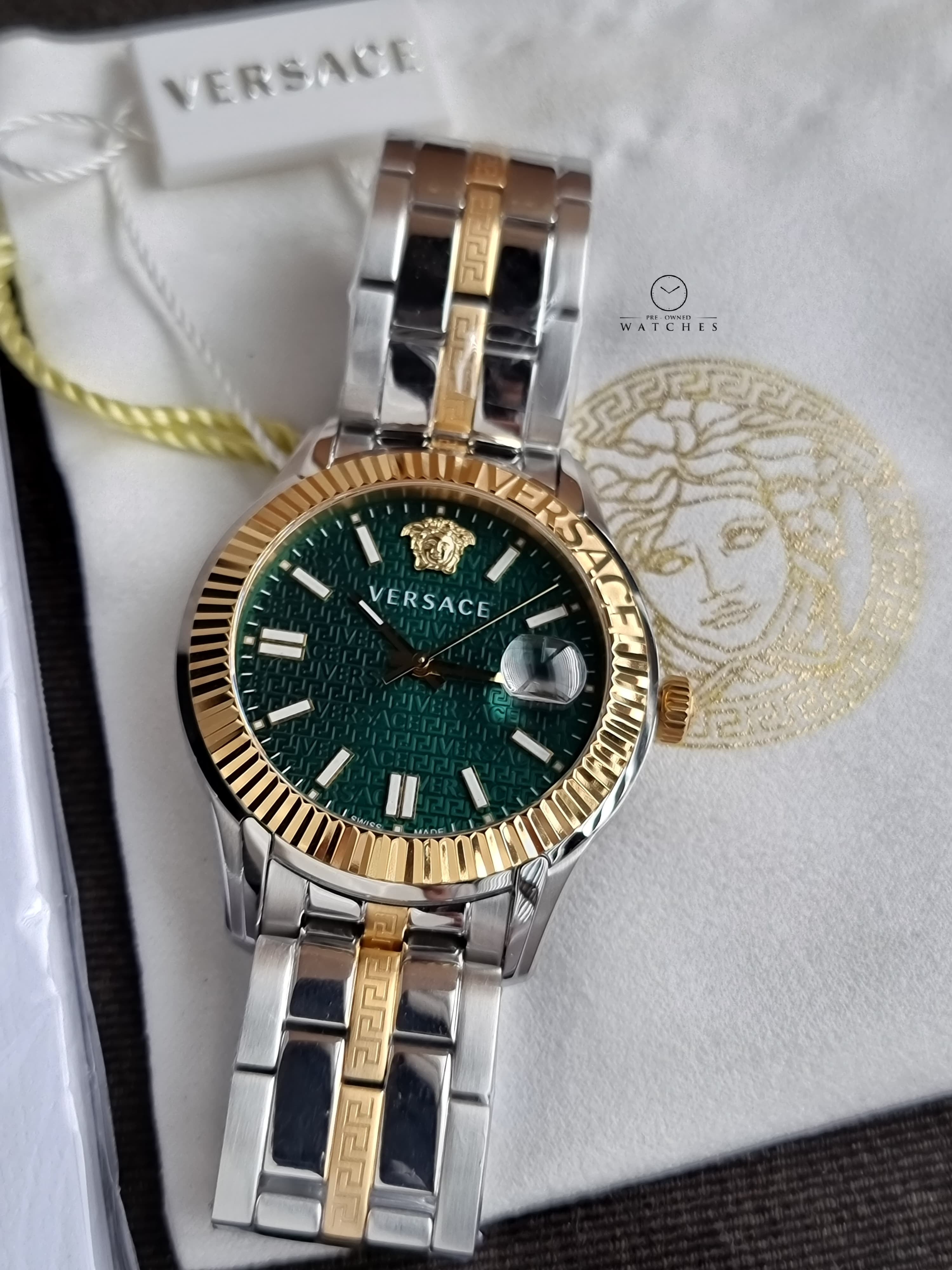 Versace Greca Time Two-tone Stainless Steel Green 41mm Dial Quartz Watch for Gents - VE3K00422