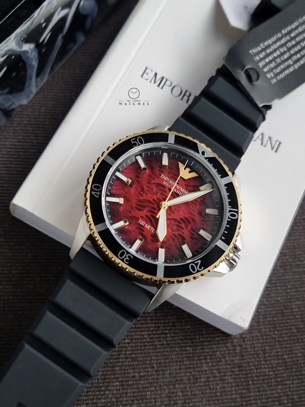 Emporio Armani Meccanico Black Silicone Strap Red Dial Automatic Watch for Gents - AR60070