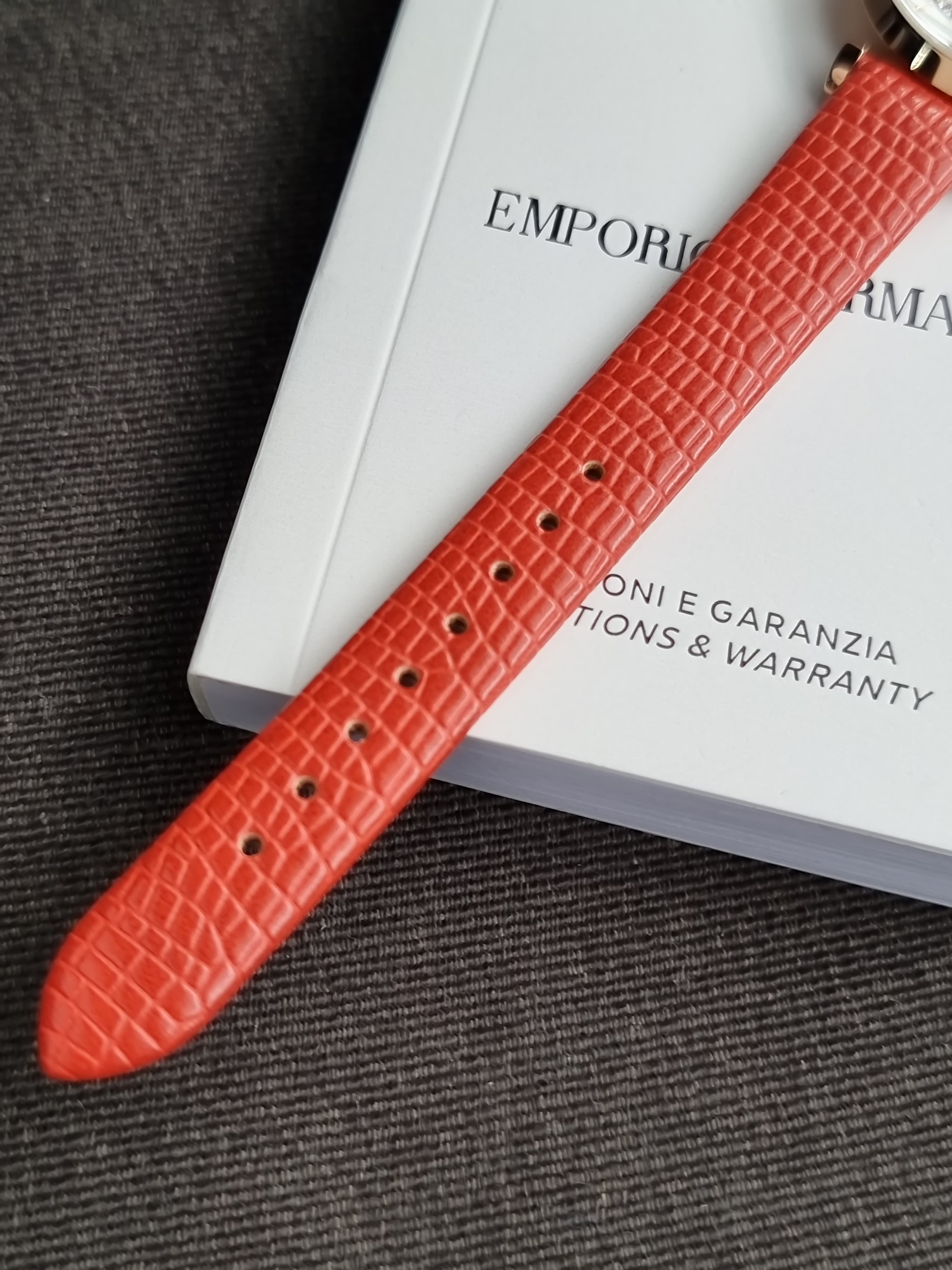 Emporio Armani Gianni T-Bar Red Leather Strap Mother Of Pearl Dial Quartz Watch for Women - AR11322