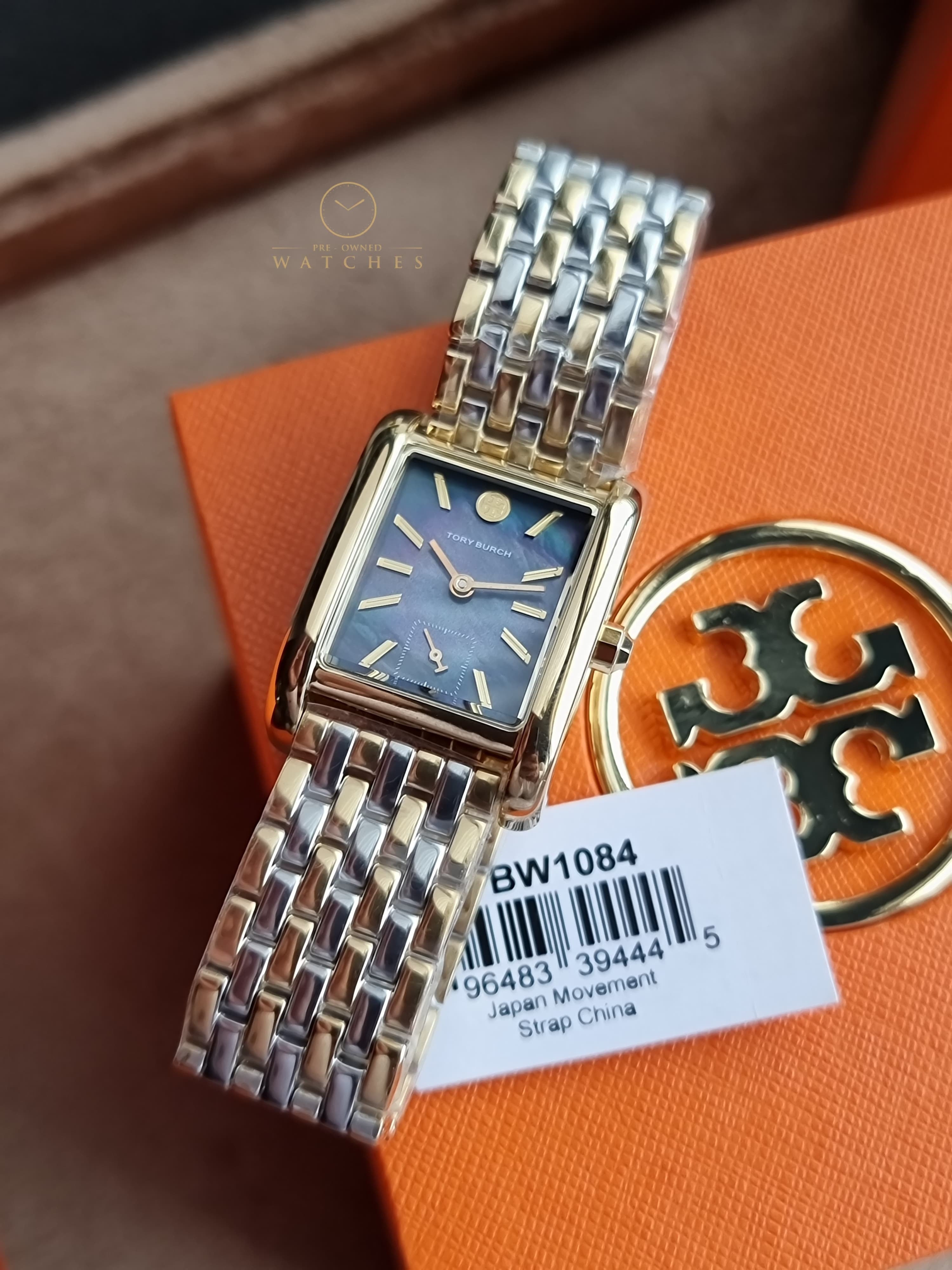 Tory Burch Women’s Quartz Two-Tone Stainless Steel Black Mother Of Pearl Dial 25mm Watch TBW1084