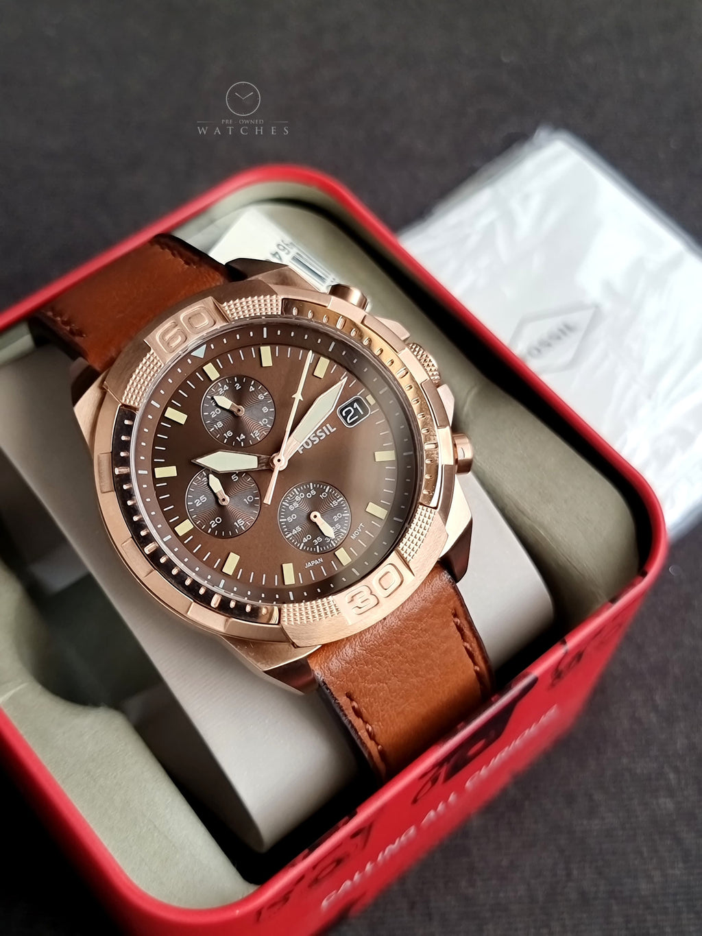 Fossil Bronson Brown Leather Strap Brown Dial Chronograph Quartz Watch for Gents - FS5857