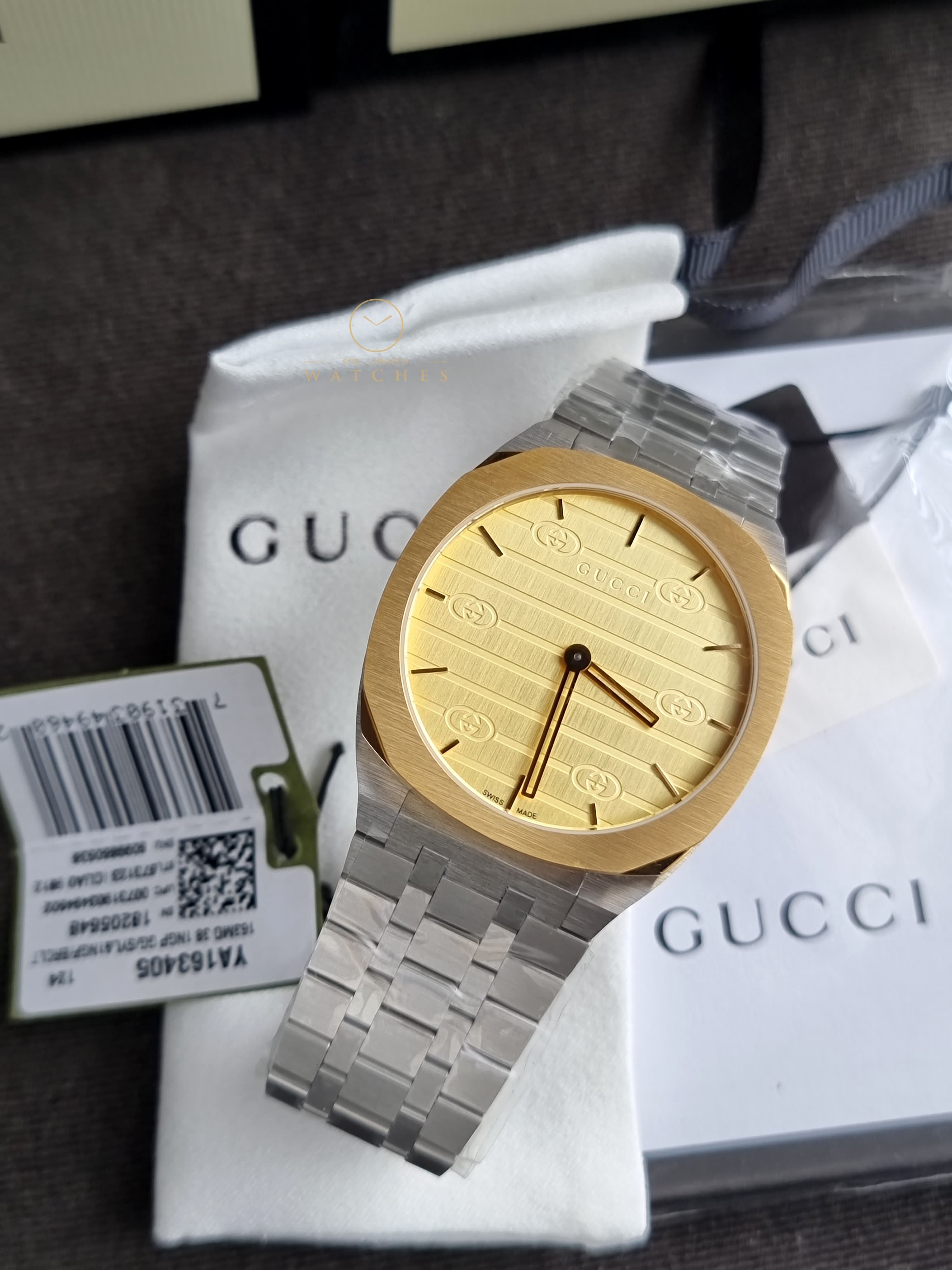 Gucci Silver Stainless Steel Gold Dial Quartz Unisex Watch - YA163405