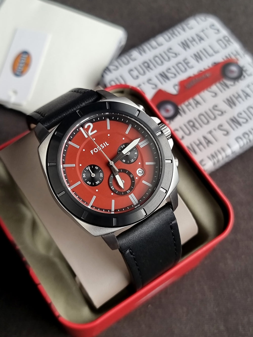 Fossil Men’s Chronograph Quartz Black Leather Strap Red Dial 45mm Watch BQ2897