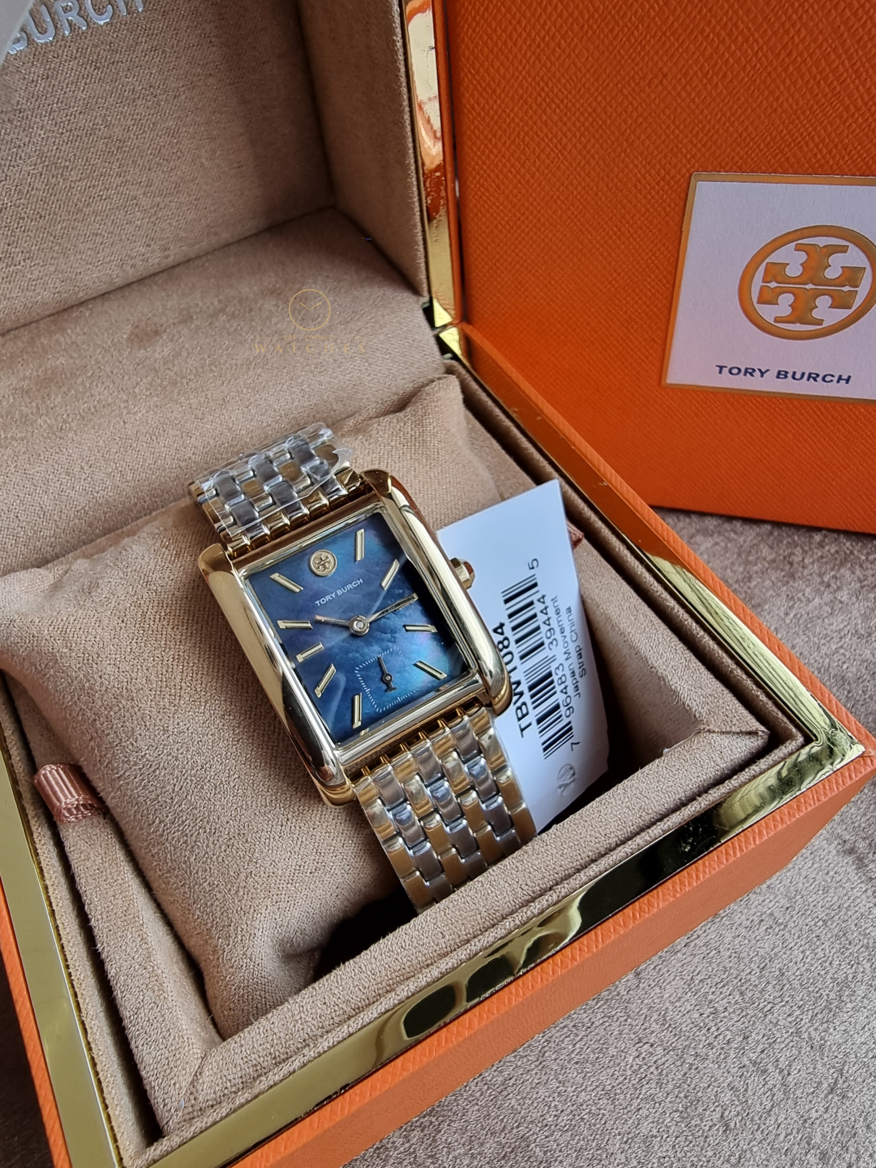Tory Burch Women’s Quartz Two-Tone Stainless Steel Black Mother Of Pearl Dial 25mm Watch TBW1084