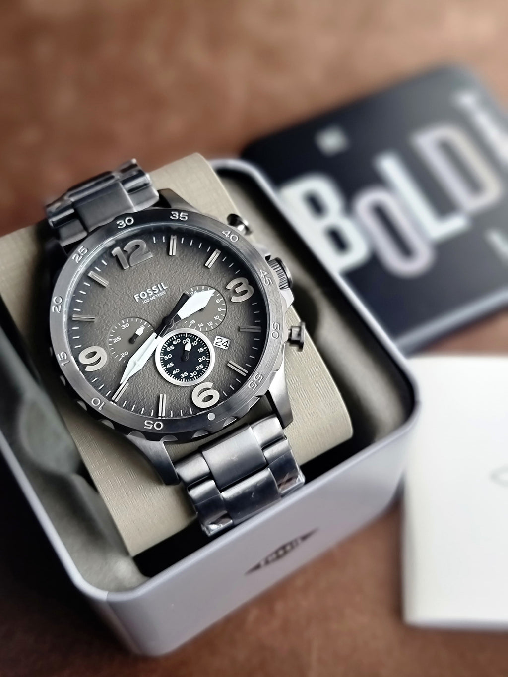 Fossil Nate Smoke Stainless Steel Gunmetal Dial Chronograph Quartz Watch for Gents - JR1437