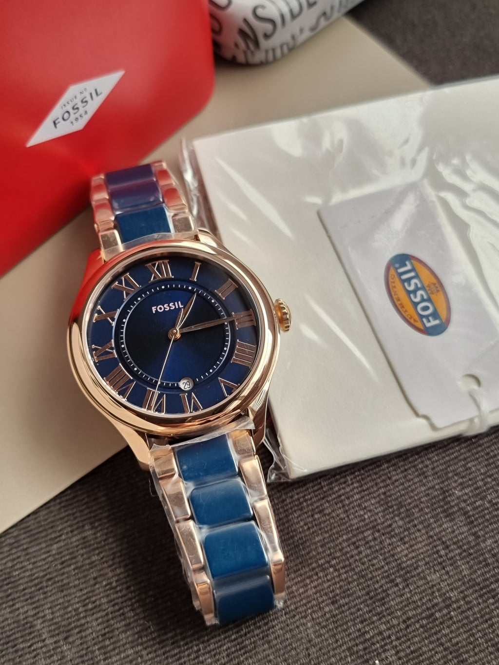Fossil Gilmore Three-Hand Date Rose Gold-Ton Navy Ceramic Watch CE1134