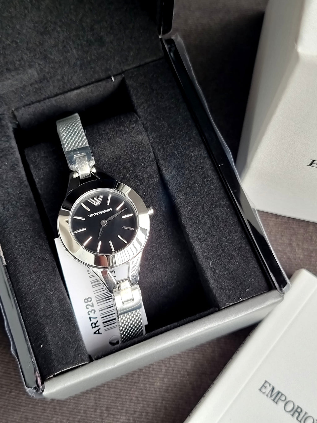 EMPORIO ARMANI Classic Silver Stainless Steel Black Dial Quartz Watch for Ladies - AR7328