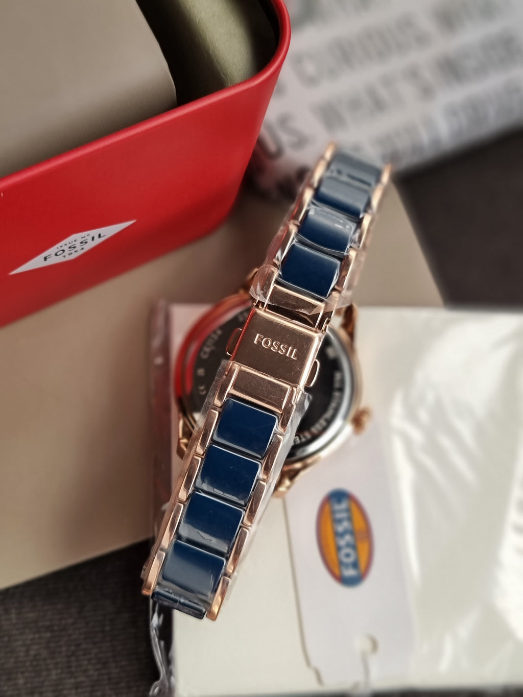 Fossil Gilmore Three-Hand Date Rose Gold-Ton Navy Ceramic Watch CE1134