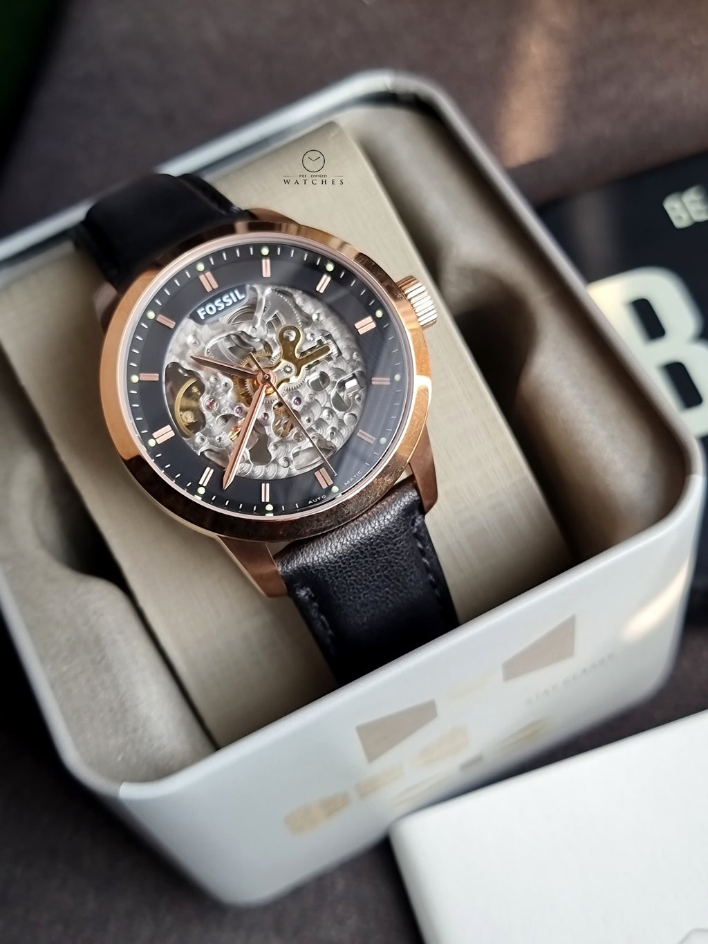 Fossil Townsman Black Leather Strap Skeleton Dial Automatic Watch for Gents - ME3084
