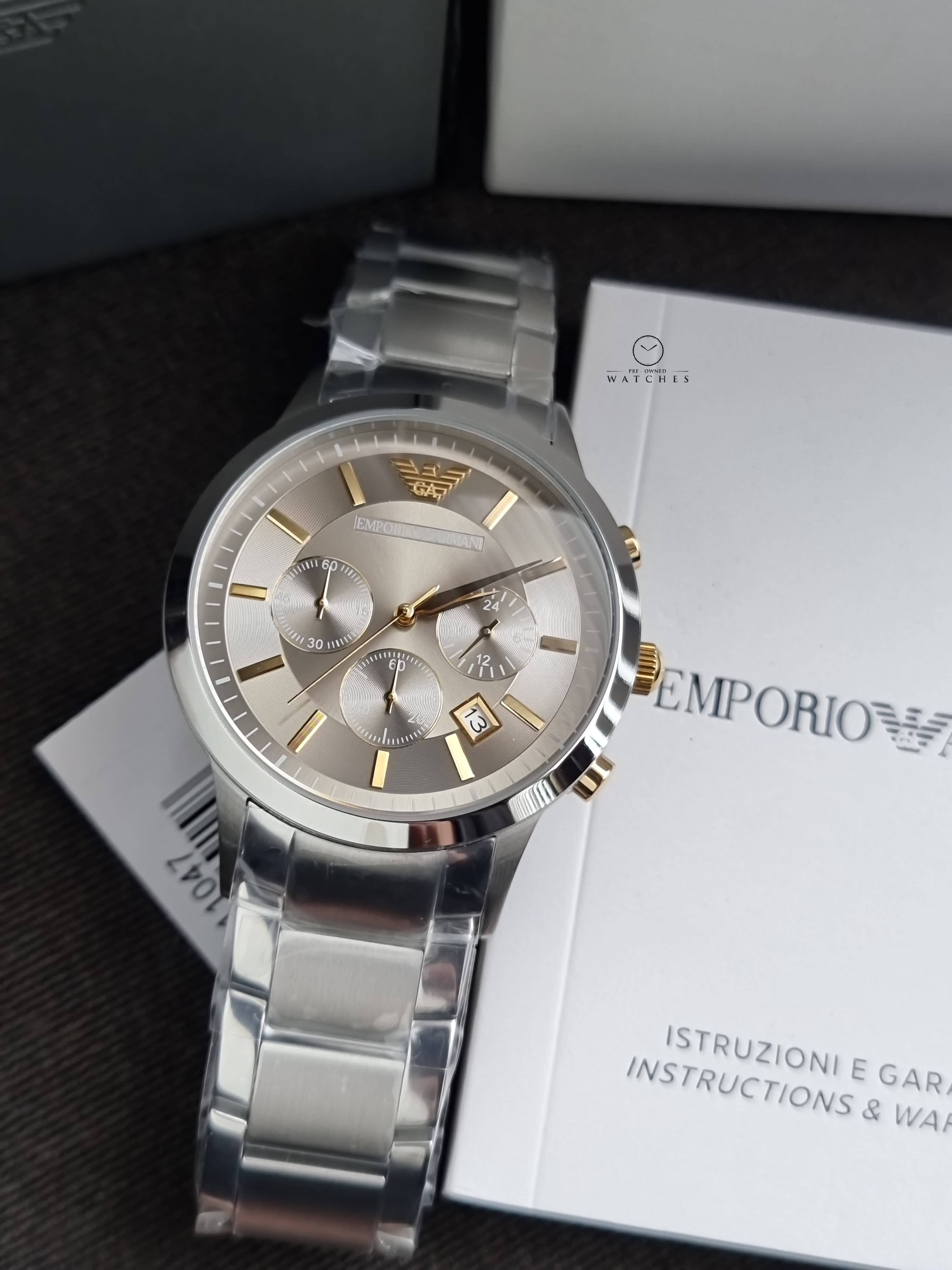 Emporio Armani Classic Silver Stainless Steel Grey Dial Chronograph Quartz Men's Watch  AR11047