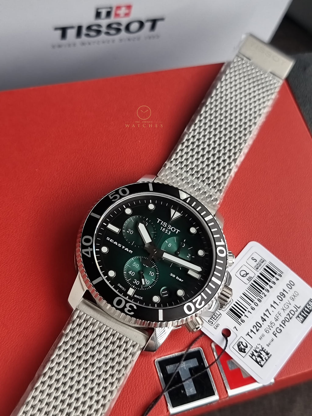Tissot Seastar Silver Mesh Bracelet Green 45mm Dial Chronograph Quartz Watch for Men's - T120.417.11.091.00
