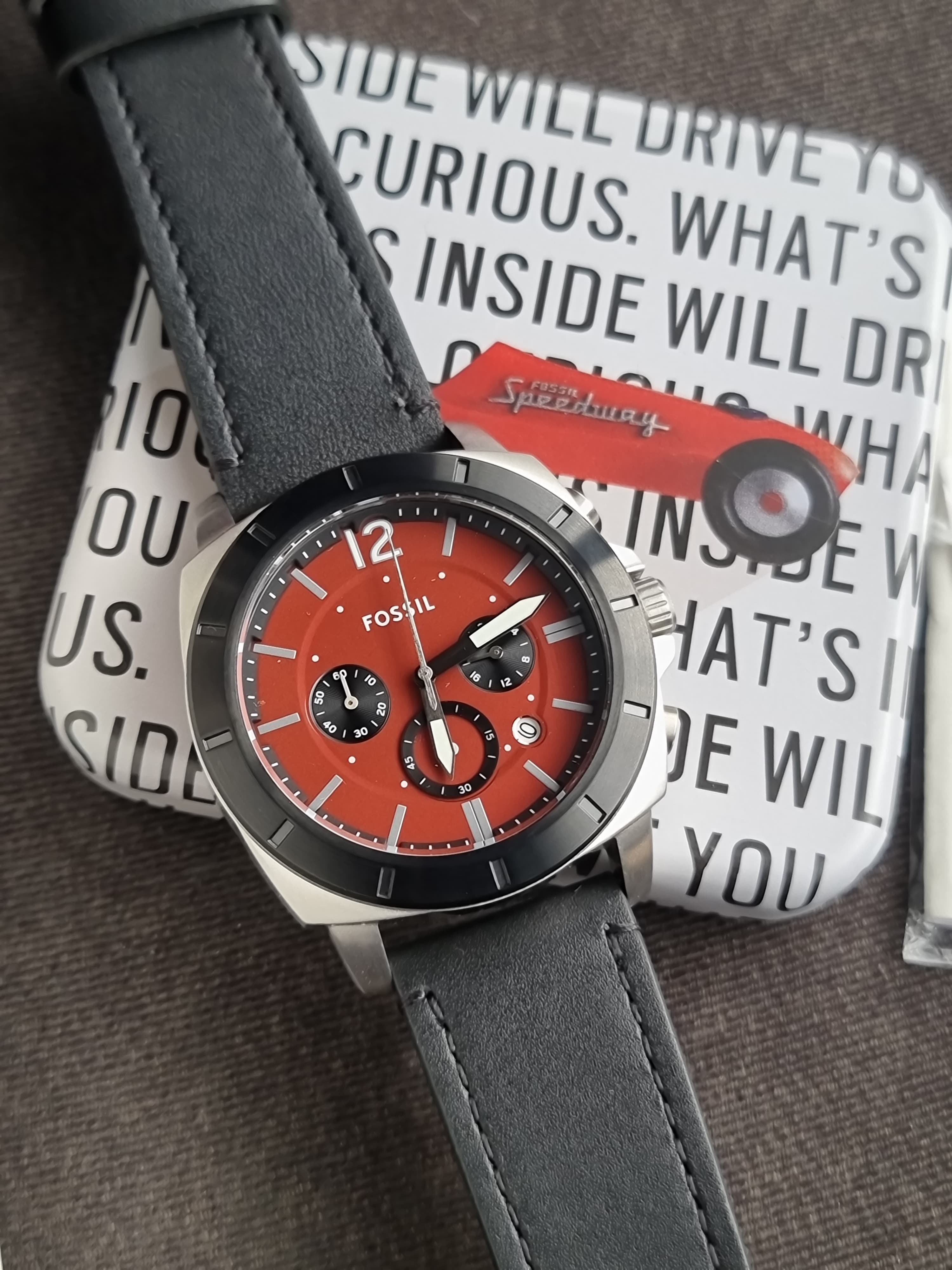 Fossil Men’s Chronograph Quartz Black Leather Strap Red Dial 45mm Watch BQ2897
