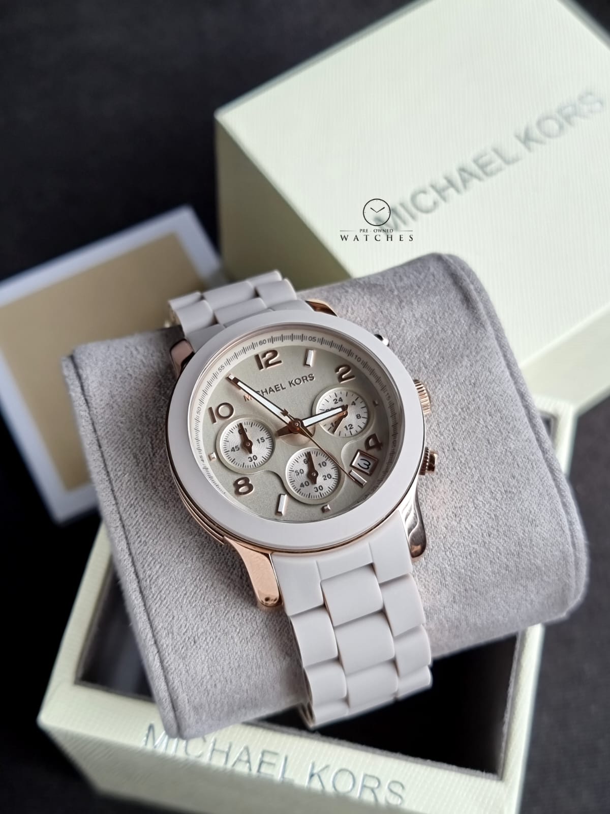 Michael Kors Runway Chronograph 38mm Rose Gold-Tone Mk7386 Stainless Steel and white Silicone Watch