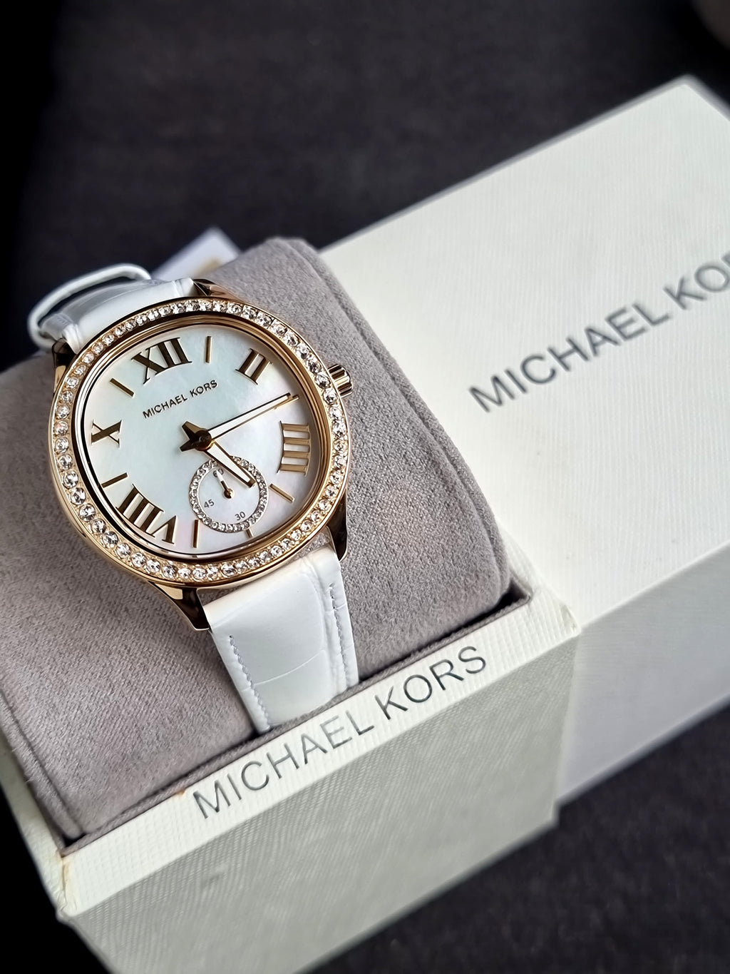 Michael Kors Sage Three-Hand White Croco Embossed Leather Watch- Mk4818