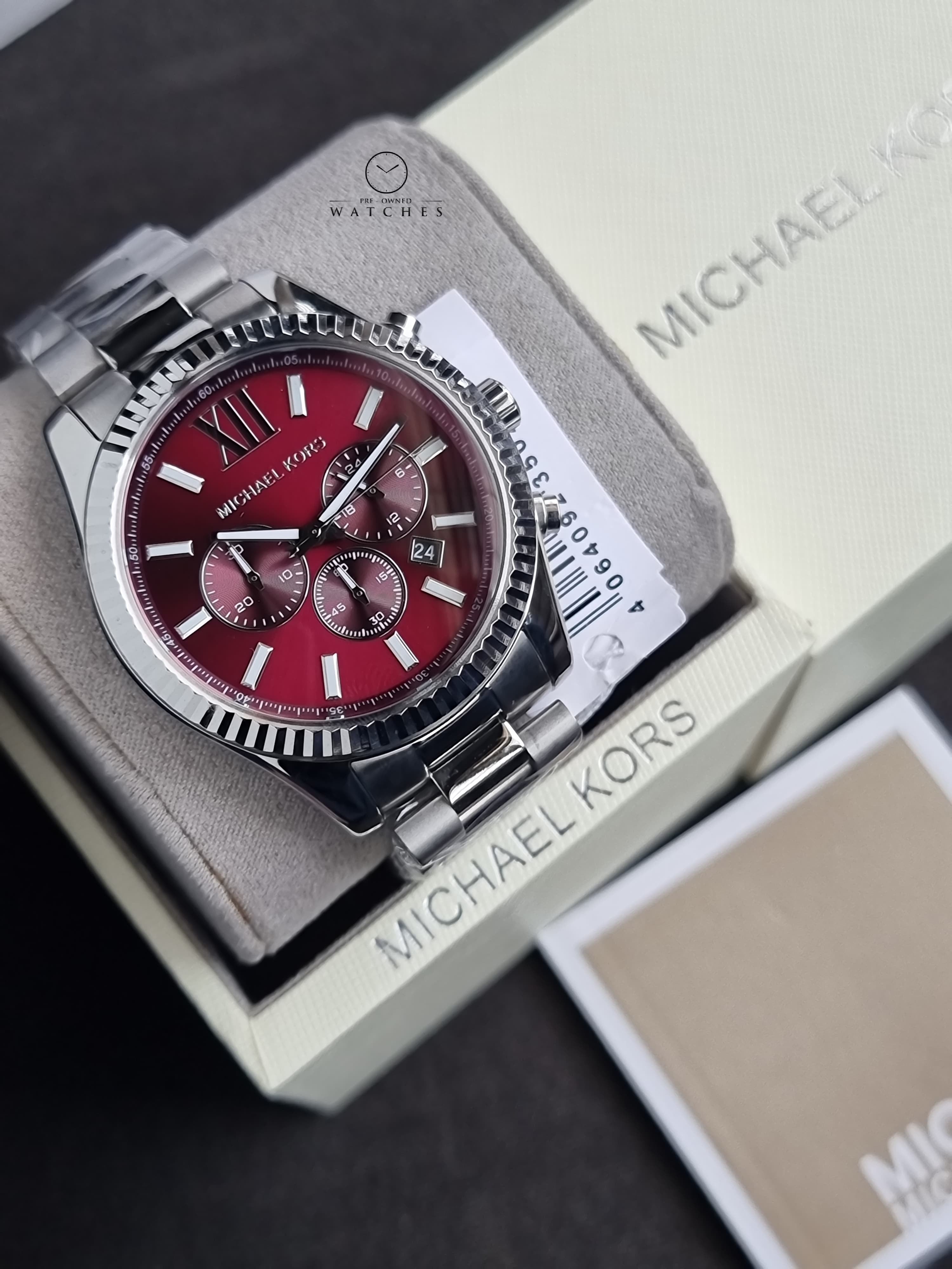 Michael Kors Mens Lexington Silver Chronograph Red 44mm Dial Watch MK9242