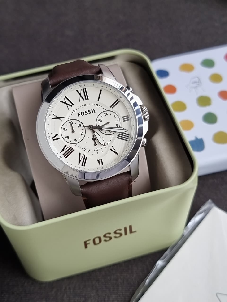 Fossil Grant Brown Leather Strap White Dial Chronograph Quartz Watch for Gents – FS4735