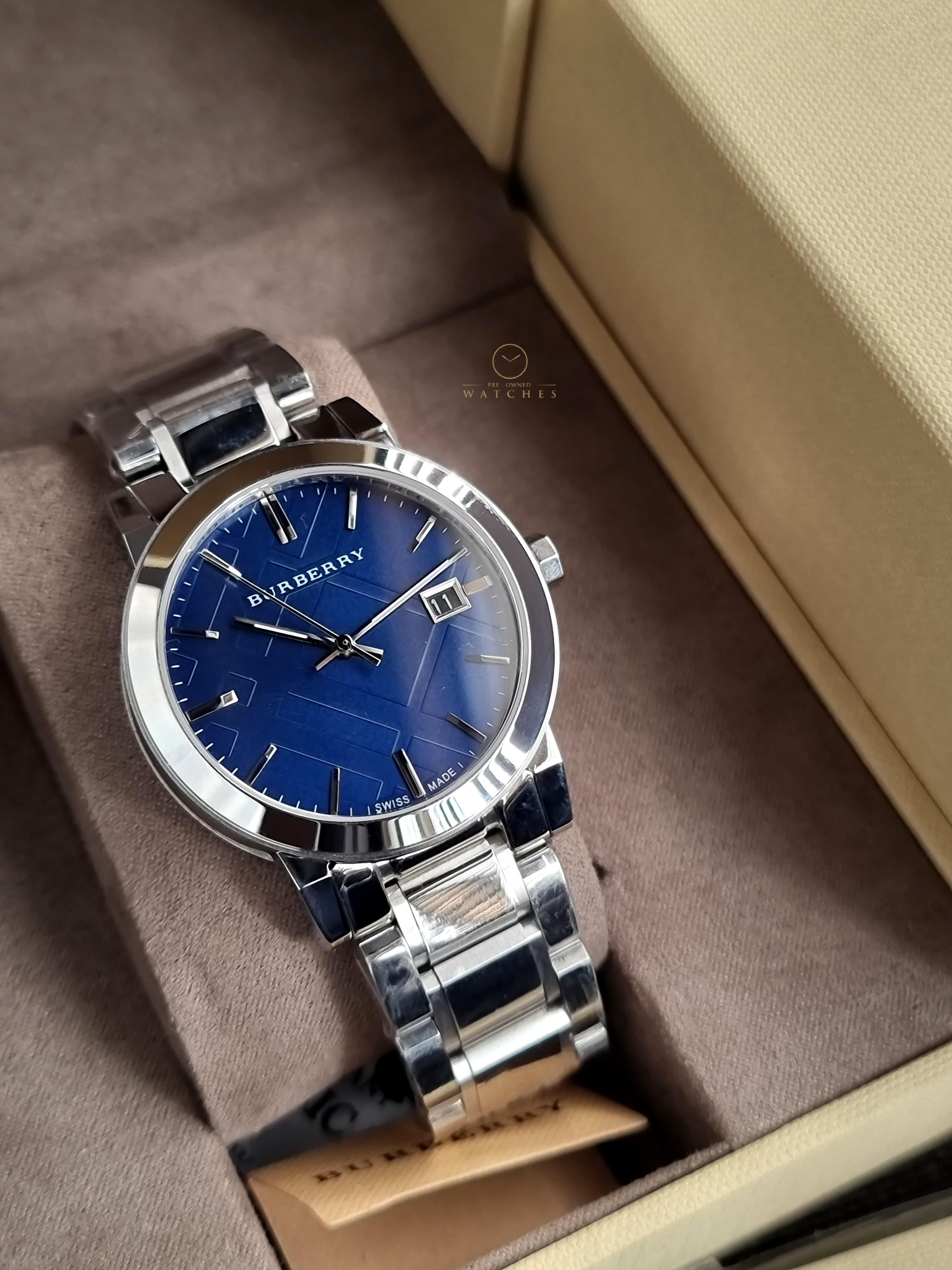 Burberry The City Silver Stainless Steel Blue Dial Quartz Watch for Gents - BU9031