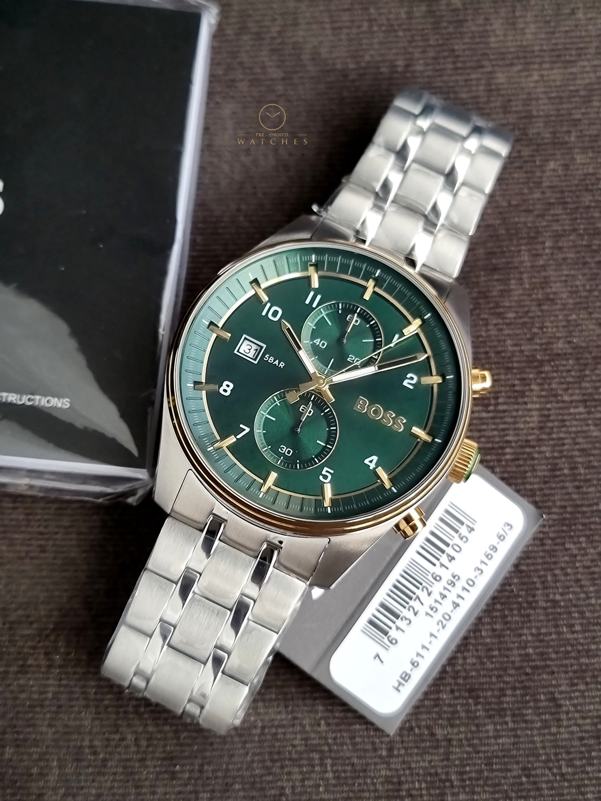 Hugo Boss Silver Stainless Steel Green 44mm Dial Chronograph Quartz Watch for Gents - 1514195