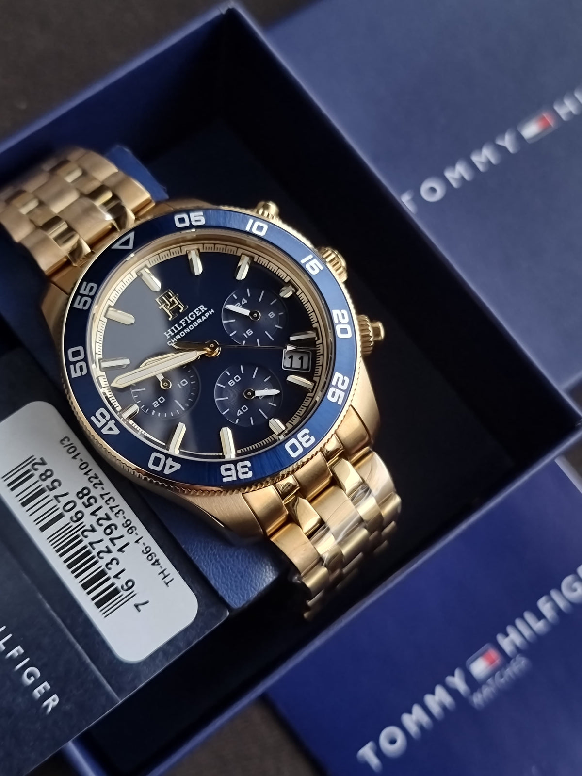 Tommy Hilfiger Gold Stainless Steel Blue 41mm Dial Chronograph Quartz Watch for Gents - 1792158