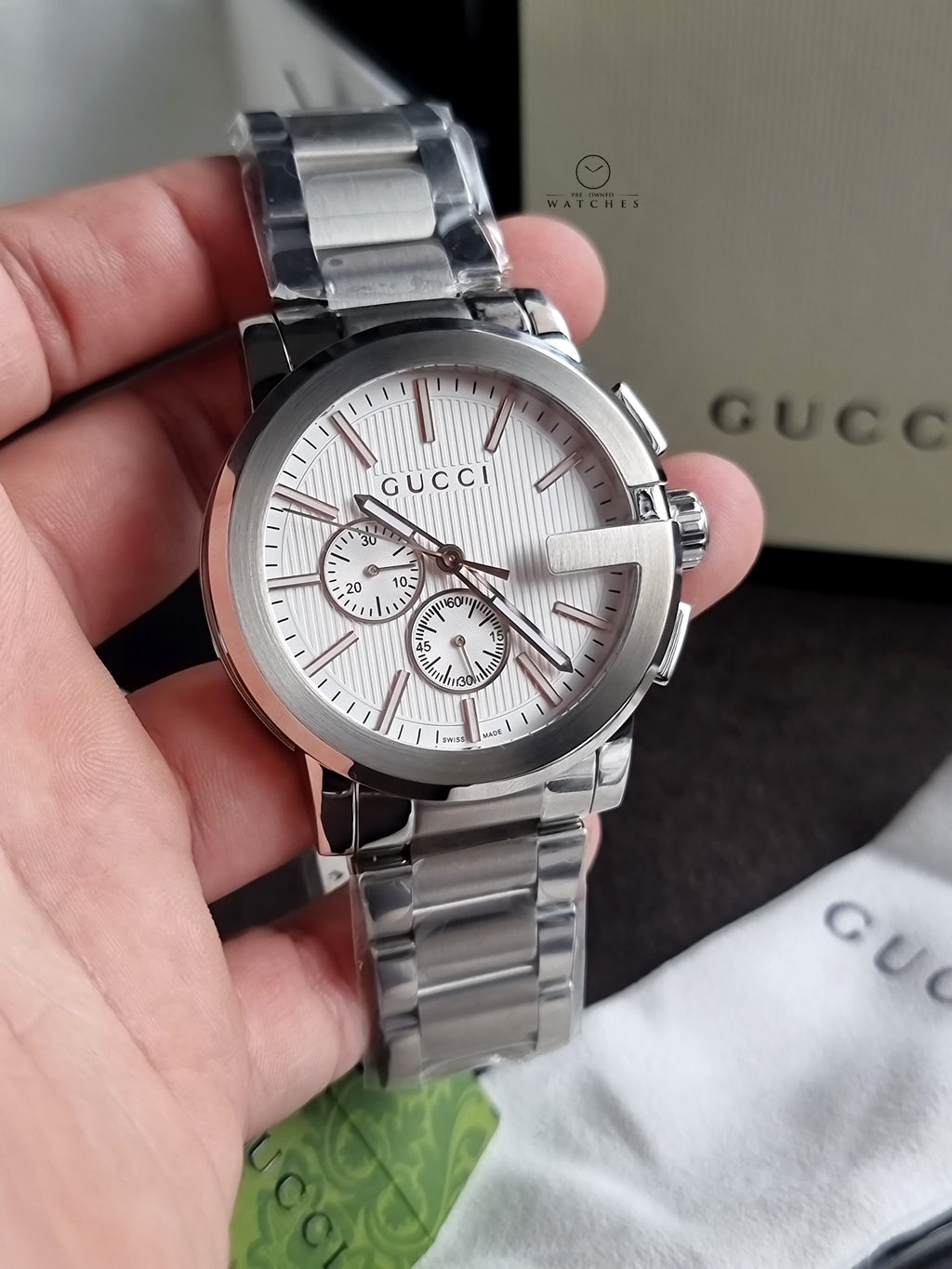 Gucci Men’s Swiss Made Quartz Stainless Steel Silver Dial 44mm Watch YA101201