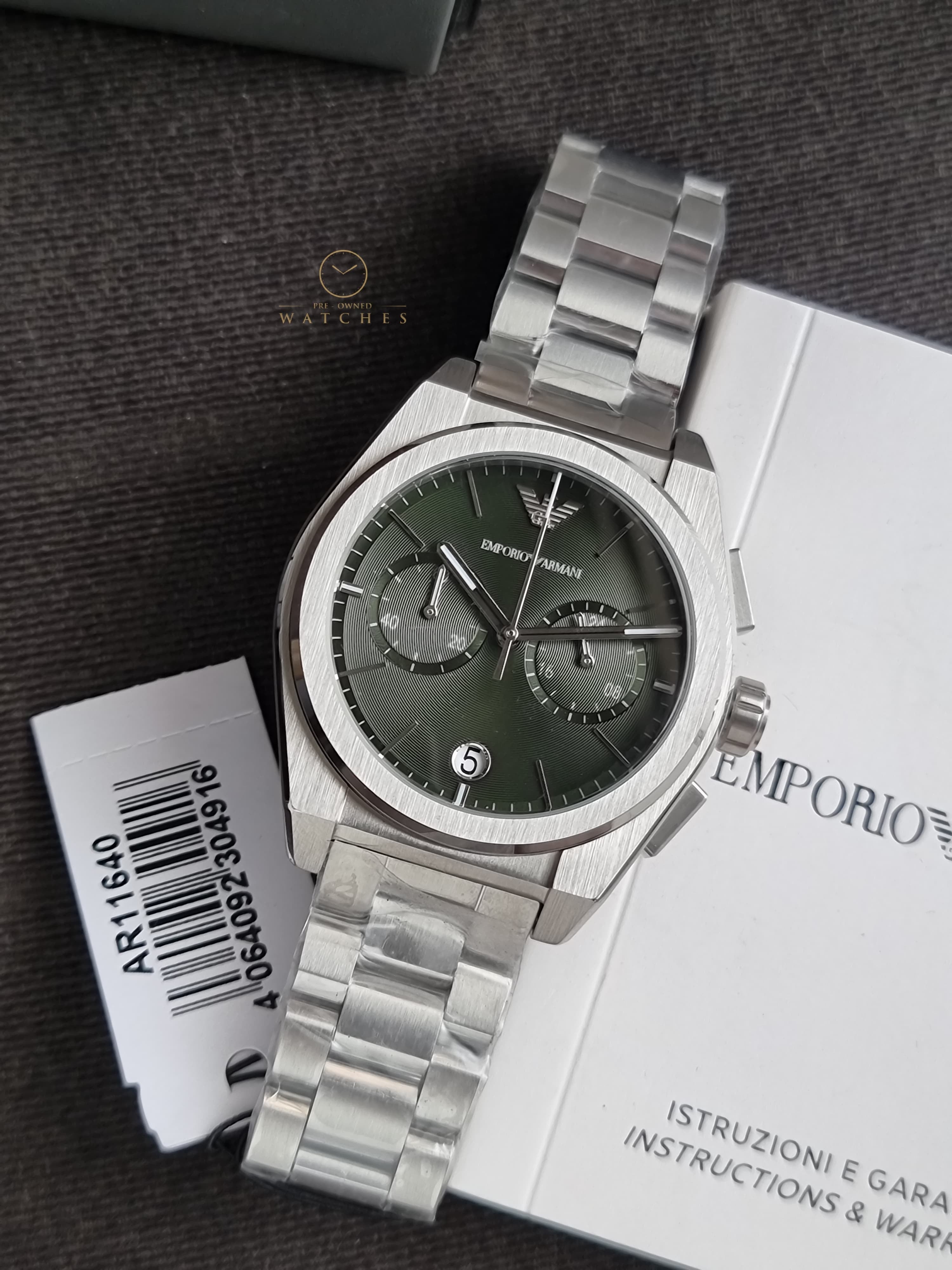 Emporio Armani Federico Silver Stainless Steel 43mm Green Dial Quartz Watch for Gents - AR11640