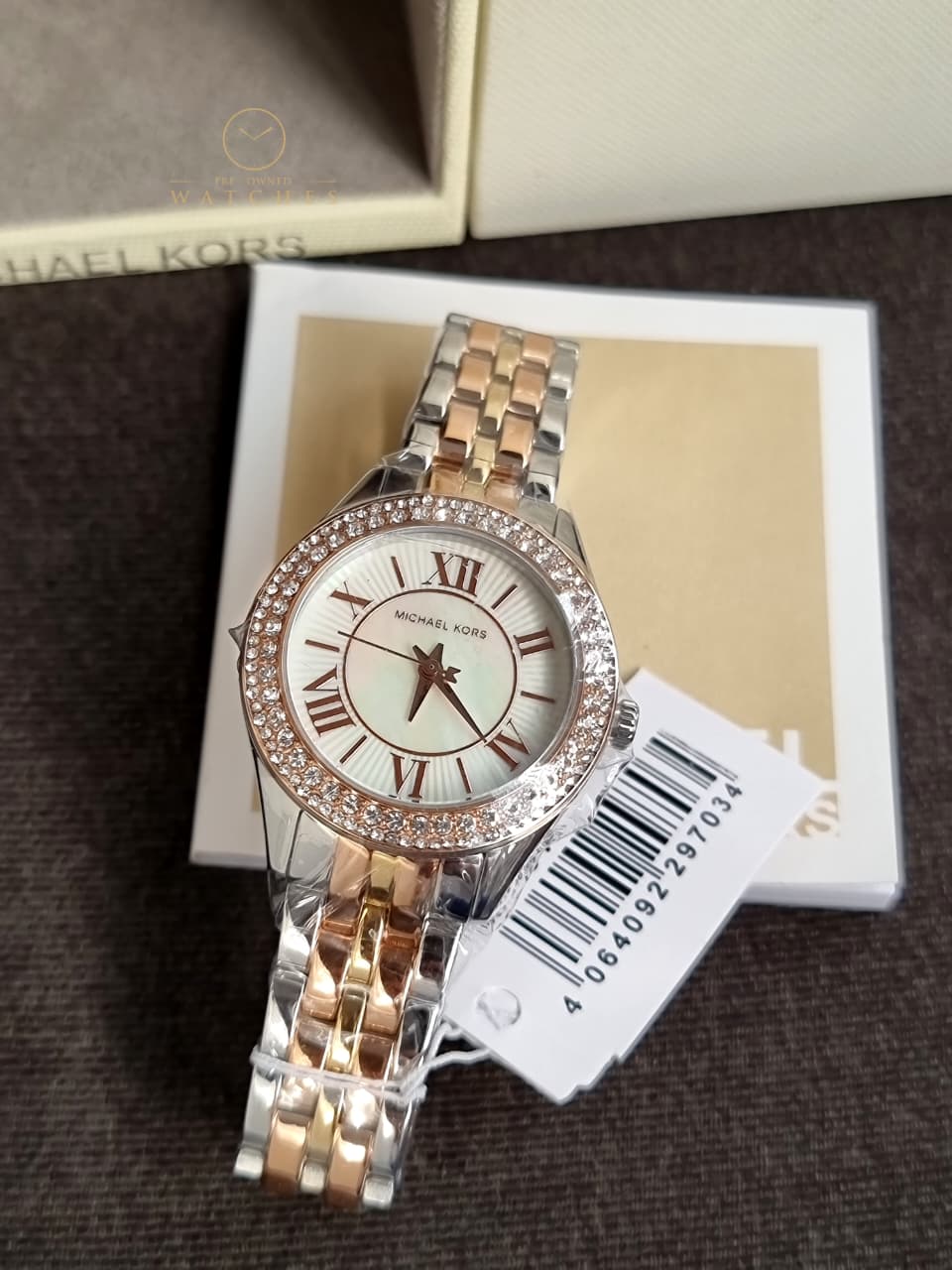 Michael Kors Harlowe Three-Hand Mother of Pearl White Dial Tri Tone Watch for Women - MK4846