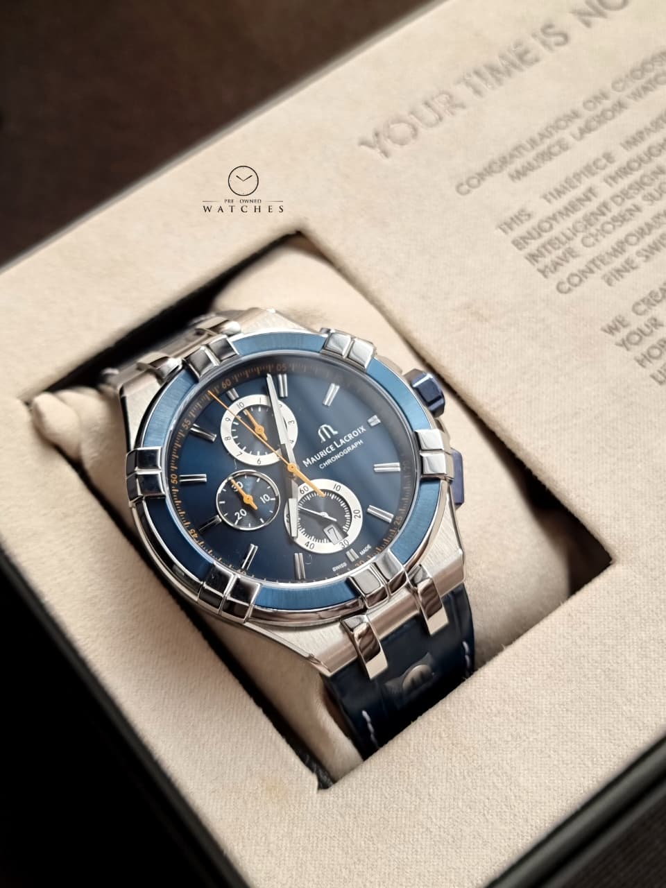 Maurice Lacroix Aikon Blue Leather Strap Blue Dial Chronograph Quartz Watch for Gents - AI1018-SS001-432-4