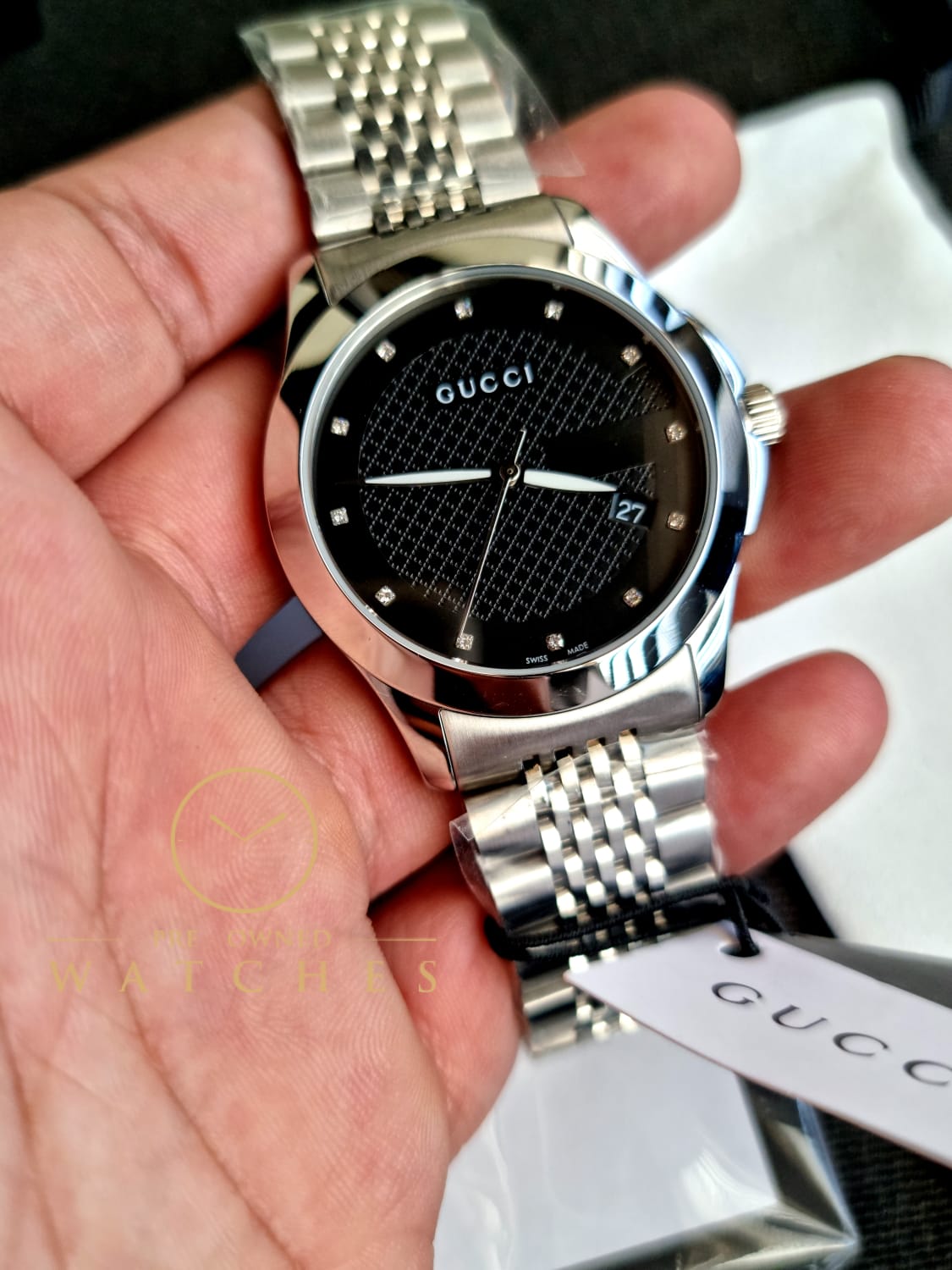 Gucci Men’s Swiss Made Quartz Stainless Steel Black Dial 38mm Watch YA126405