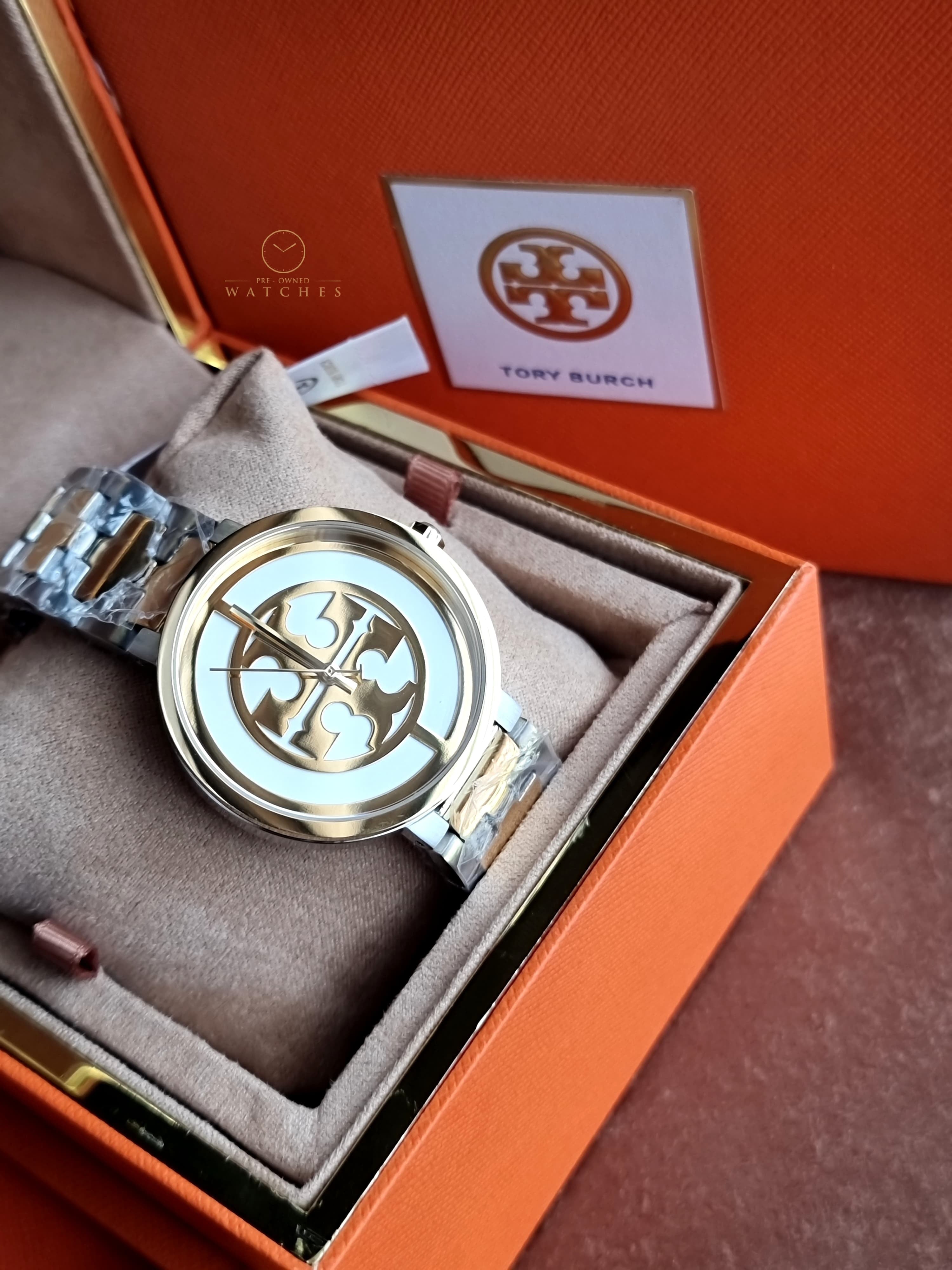Tory Burch Reva Gold Dial Two Tone Steel Strap Watch for Women - TBW4027