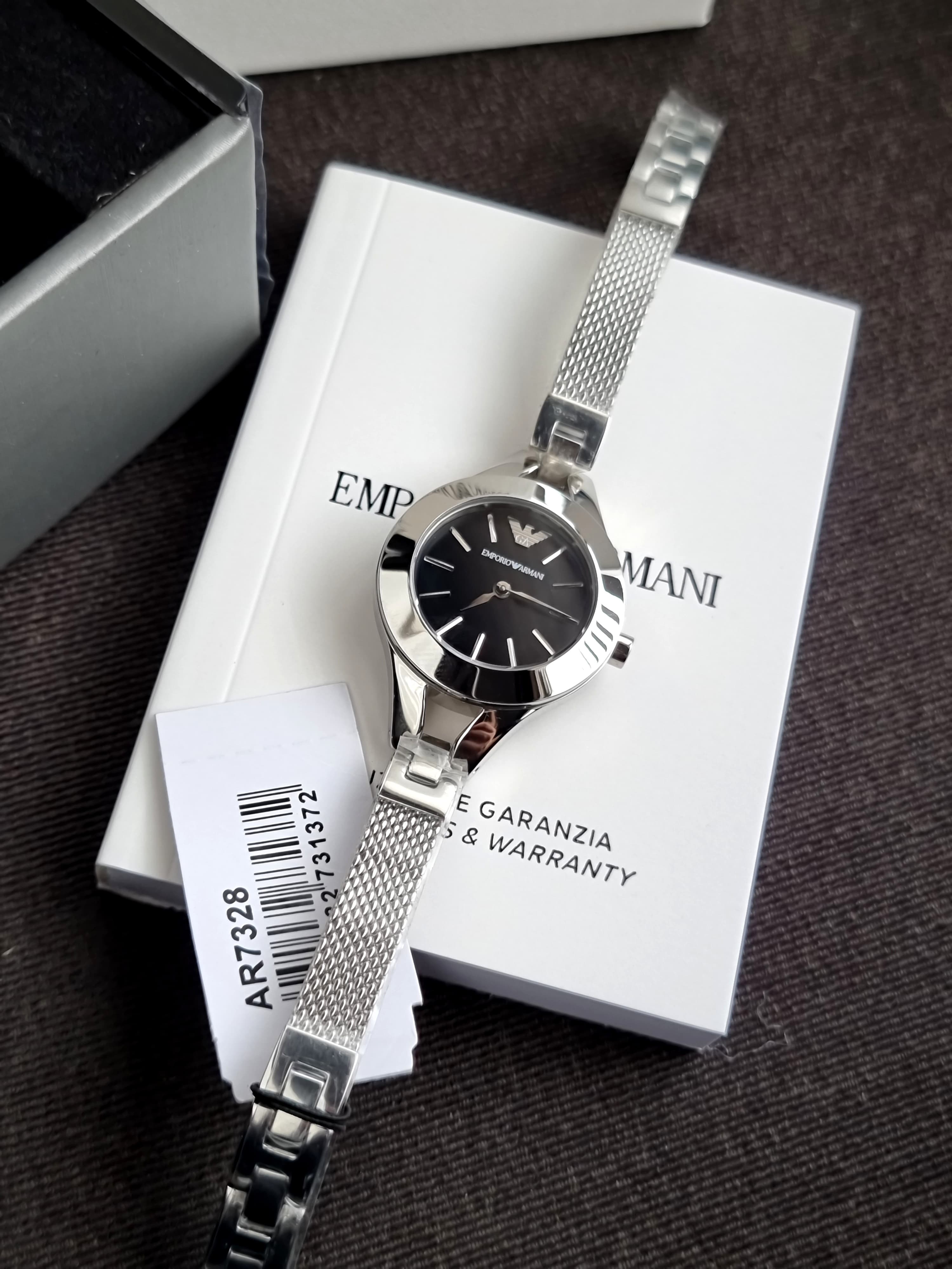 EMPORIO ARMANI Classic Silver Stainless Steel Black Dial Quartz Watch for Ladies - AR7328