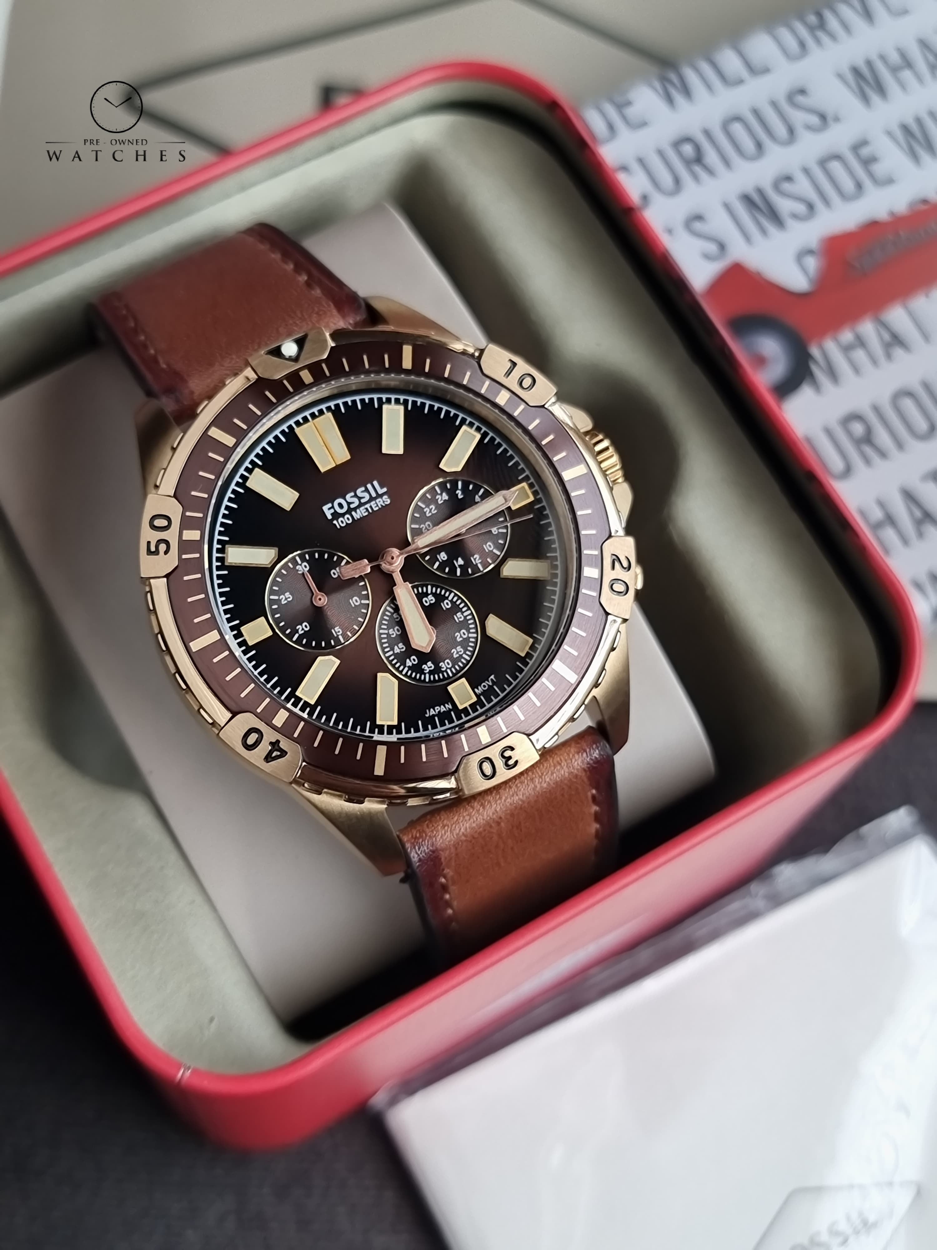 Fossil Garrett Brown Leather Strap Brown Dial Chronograph Quartz Watch for Gents - FS5867
