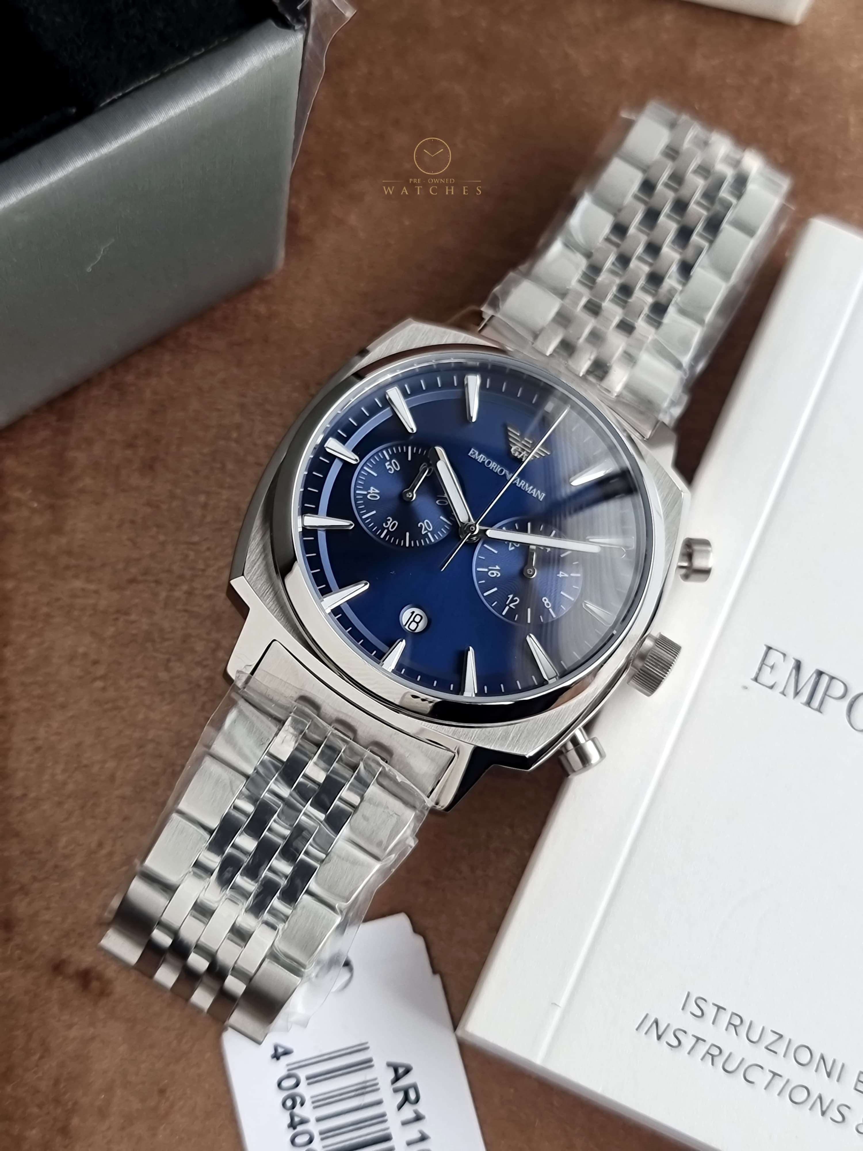 Emporio Armani Ruggero Silver Stainless Steel Navy Blue Dial Chronograph Quartz Watch for Gents - AR11688