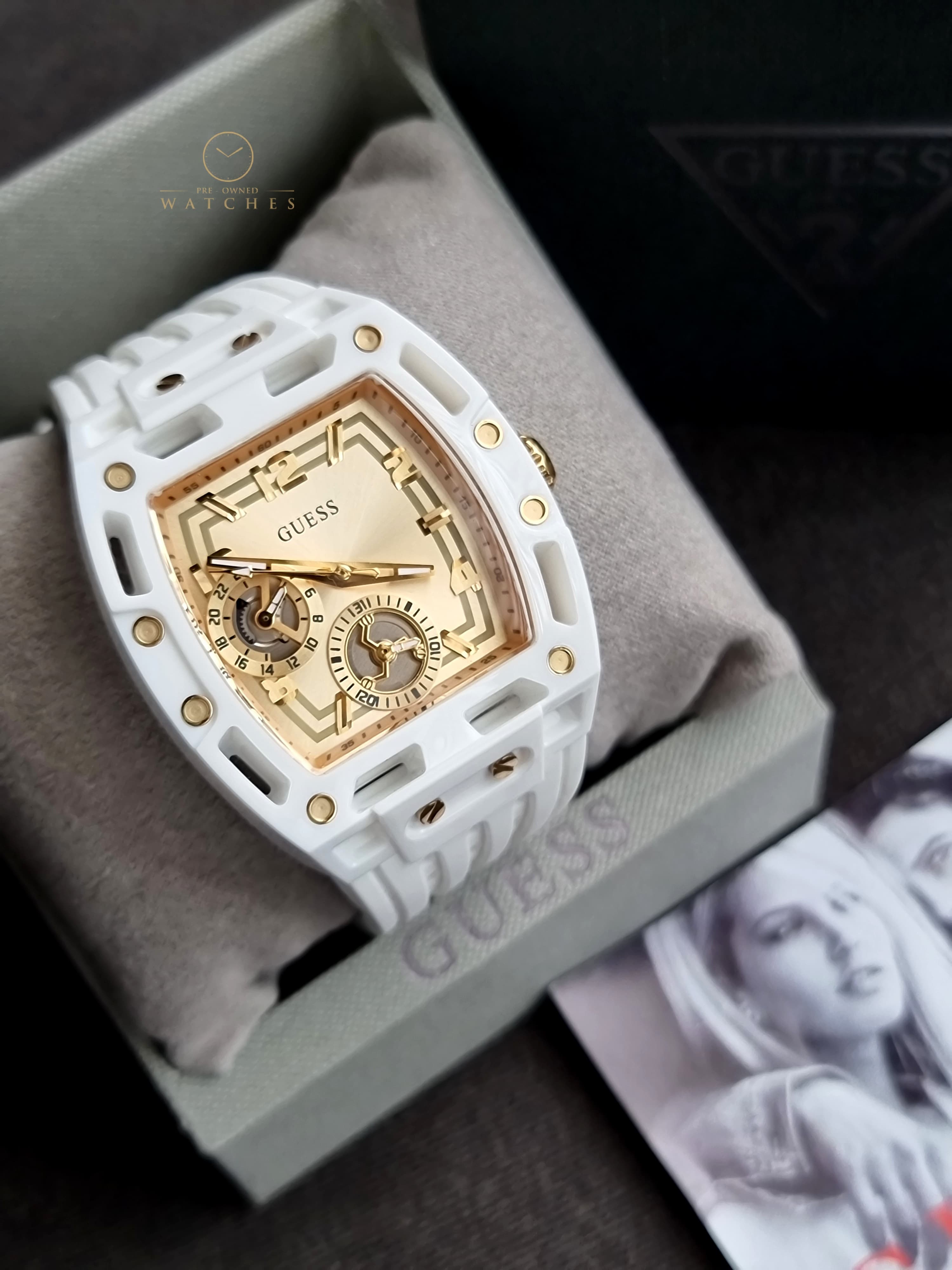 Guess Phoenix Analog Gold Dial White Silicone Strap Watch For Men 42mm - GW0499G5