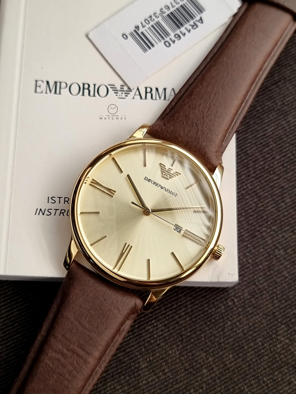 Emporio Armani Brown Leather Strap Gold 42mm Dial Quartz Watch for Gents - AR11610