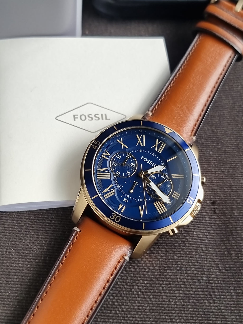 Fossil Grant Sport Brown Leather Strap Blue Dial Chronograph Quartz Watch for Gents - FS5268