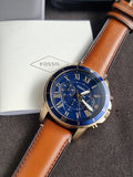 Fossil Grant Sport Brown Leather Strap Blue Dial Chronograph Quartz Watch for Gents - FS5268