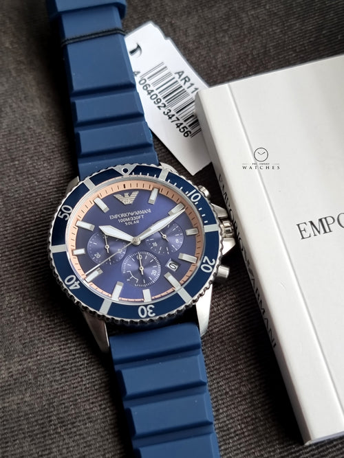 Emporio Armani Men's World Explorer Solar-Powered Chronograph Blue Silicone Watch AR11696