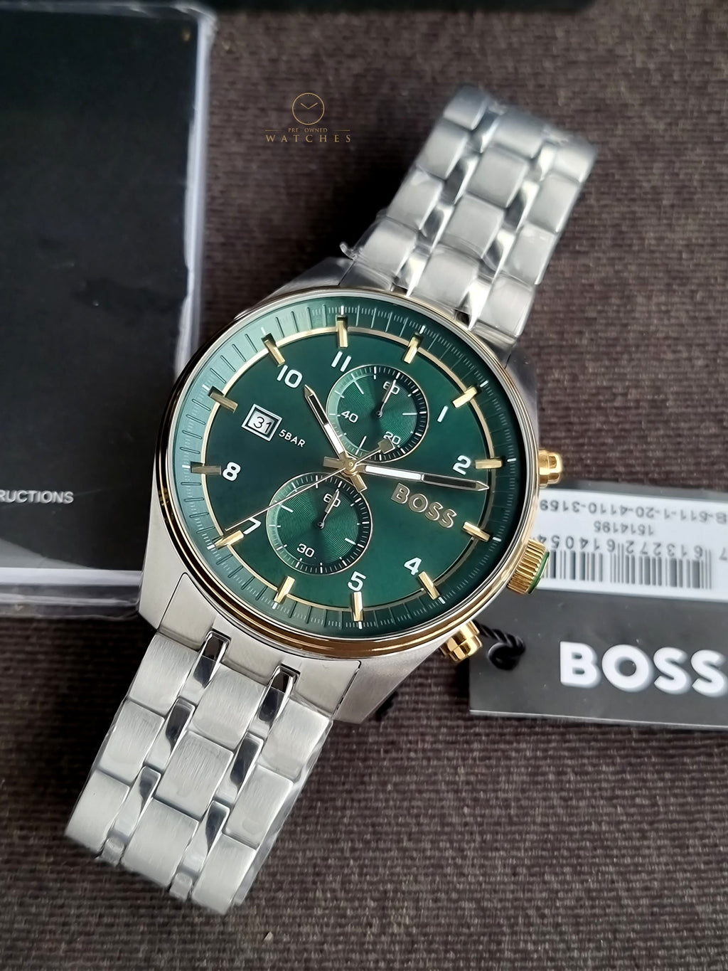 Hugo Boss Silver Stainless Steel Green 44mm Dial Chronograph Quartz Watch for Gents - 1514195