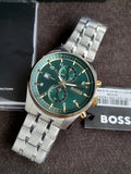 Hugo Boss Silver Stainless Steel Green 44mm Dial Chronograph Quartz Watch for Gents - 1514195