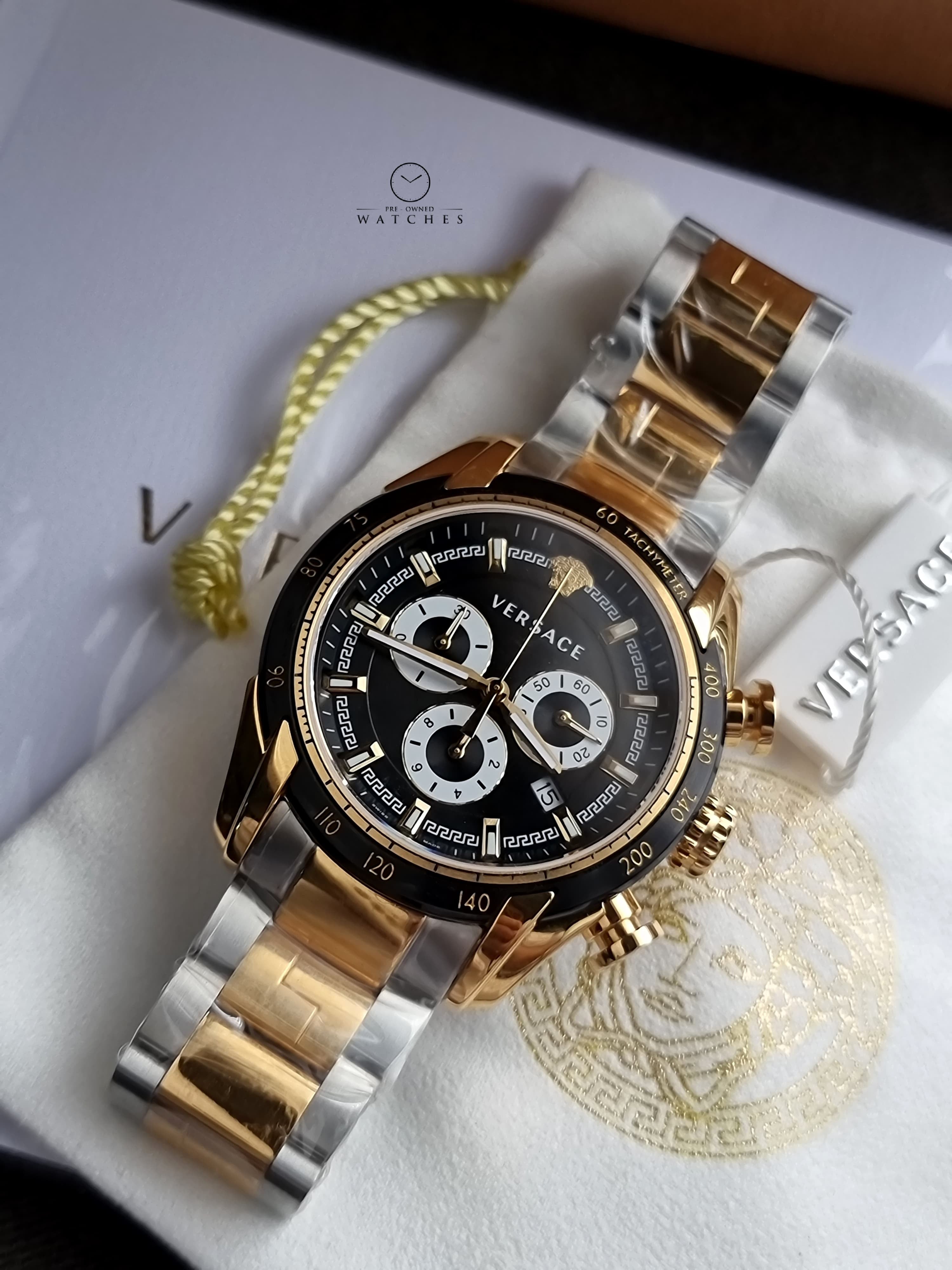 Versace V-Ray Chronograph Black 44mm Dial Two Tone Steel Strap Watch For Men - VE2I00421