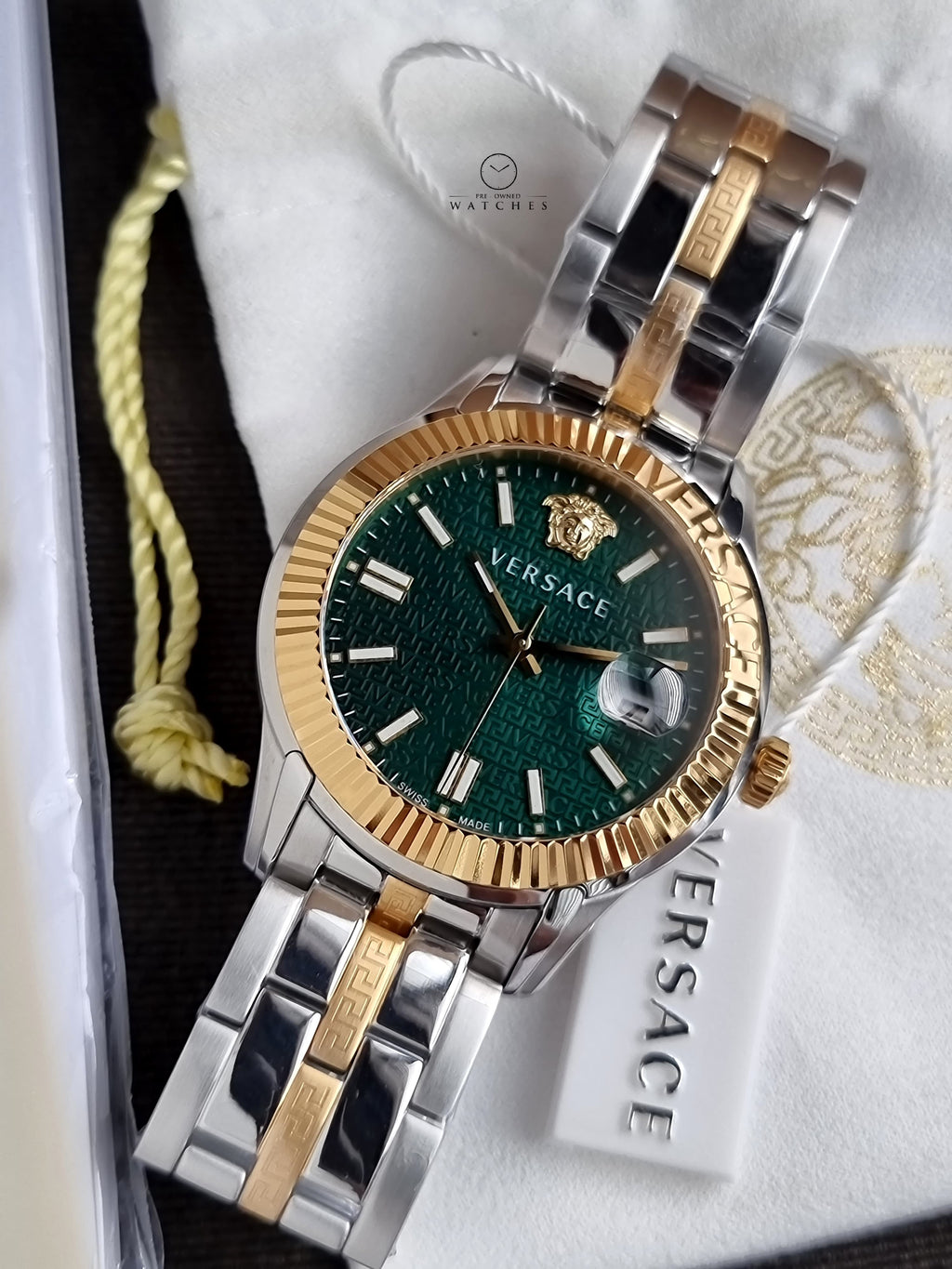 Versace Greca Time Two-tone Stainless Steel Green 41mm Dial Quartz Watch for Gents - VE3K00422
