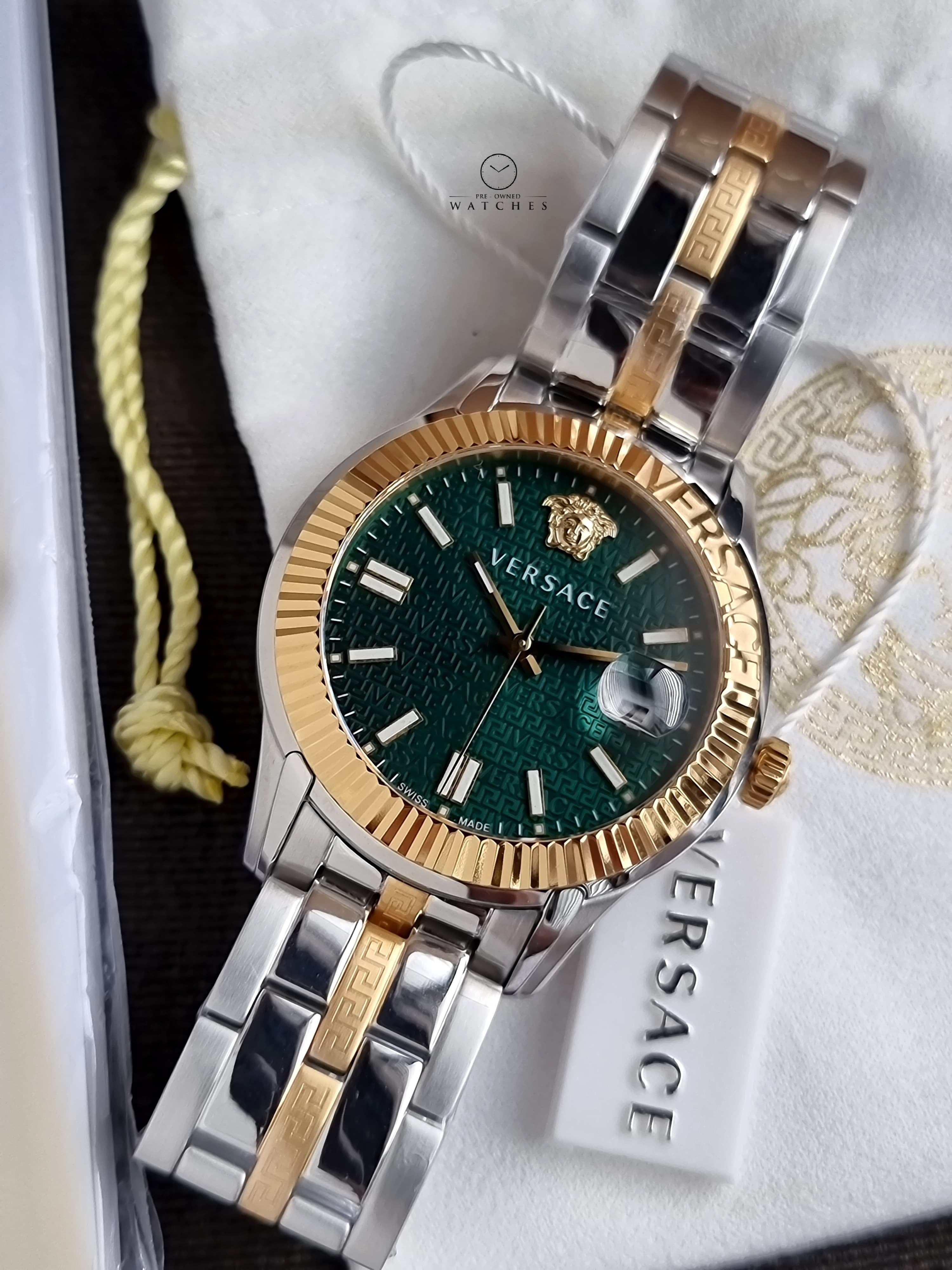 Versace Greca Time Two-tone Stainless Steel Green 41mm Dial Quartz Watch for Gents - VE3K00422