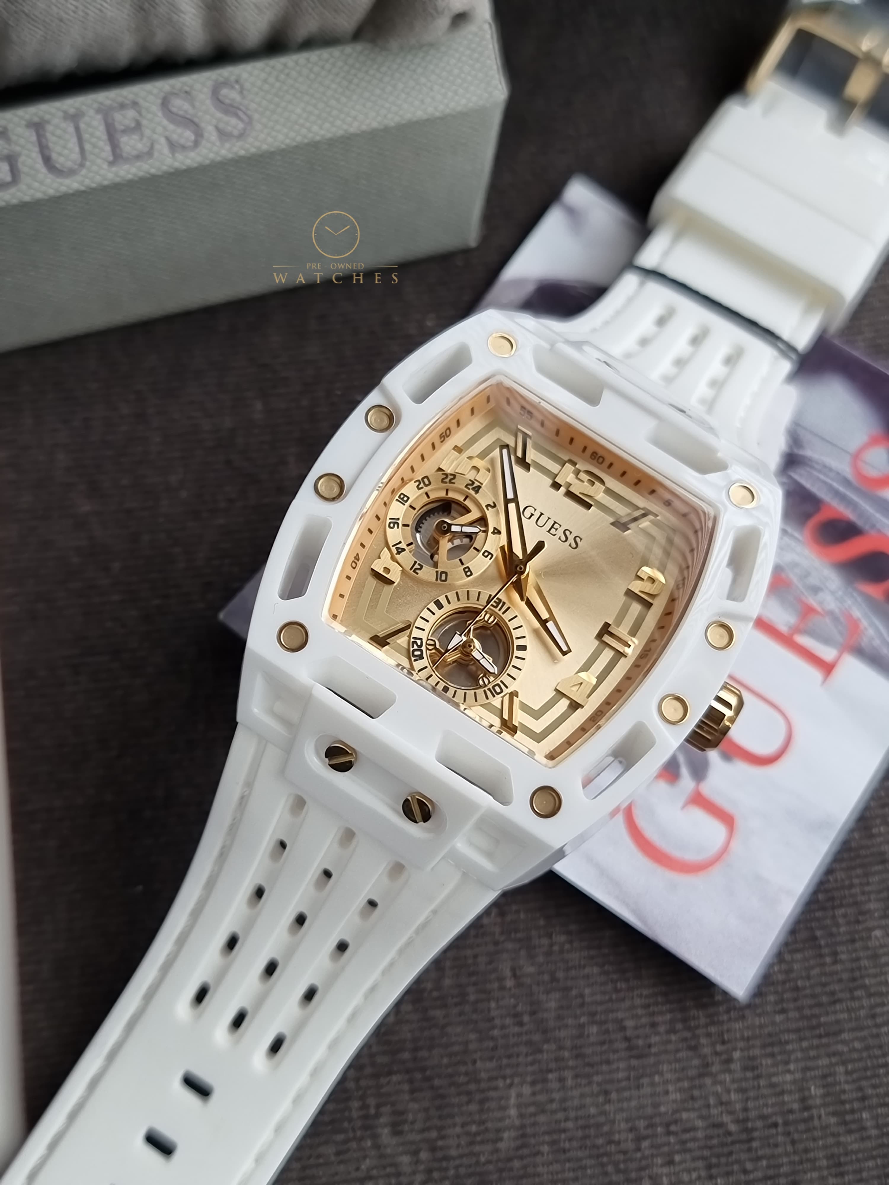 Guess Phoenix Analog Gold Dial White Silicone Strap Watch For Men 42mm - GW0499G5