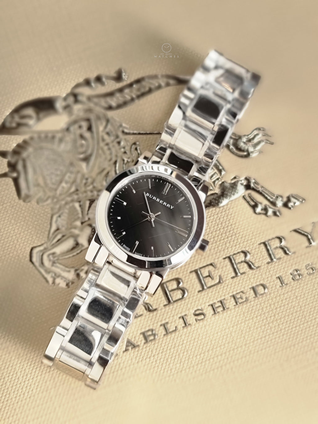 Burberry Women’s Swiss Made Quartz Silver Stainless Steel Black Dial 26mm Watch BU9201