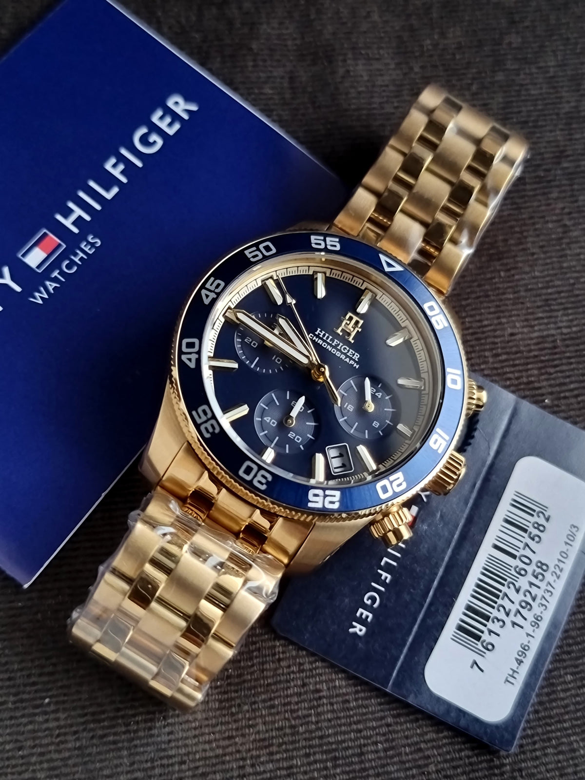 Tommy Hilfiger Gold Stainless Steel Blue 41mm Dial Chronograph Quartz Watch for Gents - 1792158