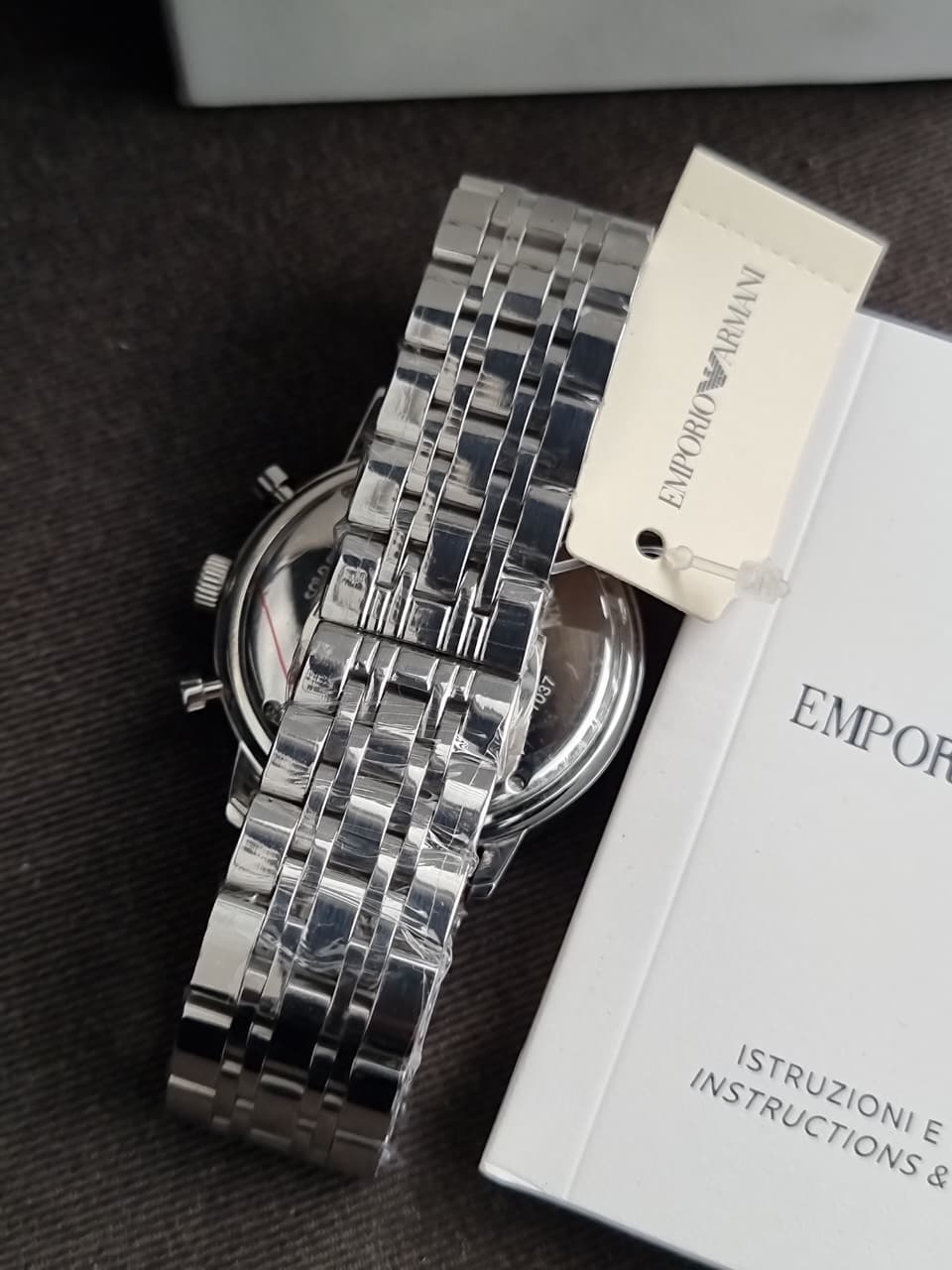 EMPORIO ARMANI Classic Silver Stainless Steel Black Dial Chronograph Quartz Watch for Gents - AR0389