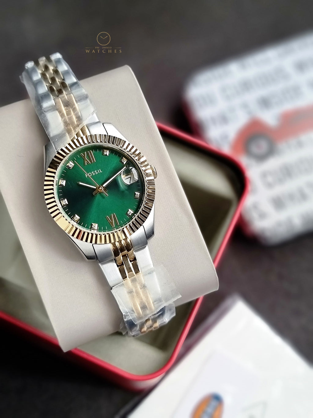 Fossil Scarlette Three-Hand Date Two-Tone Green Dial Ladies Watch ES5388