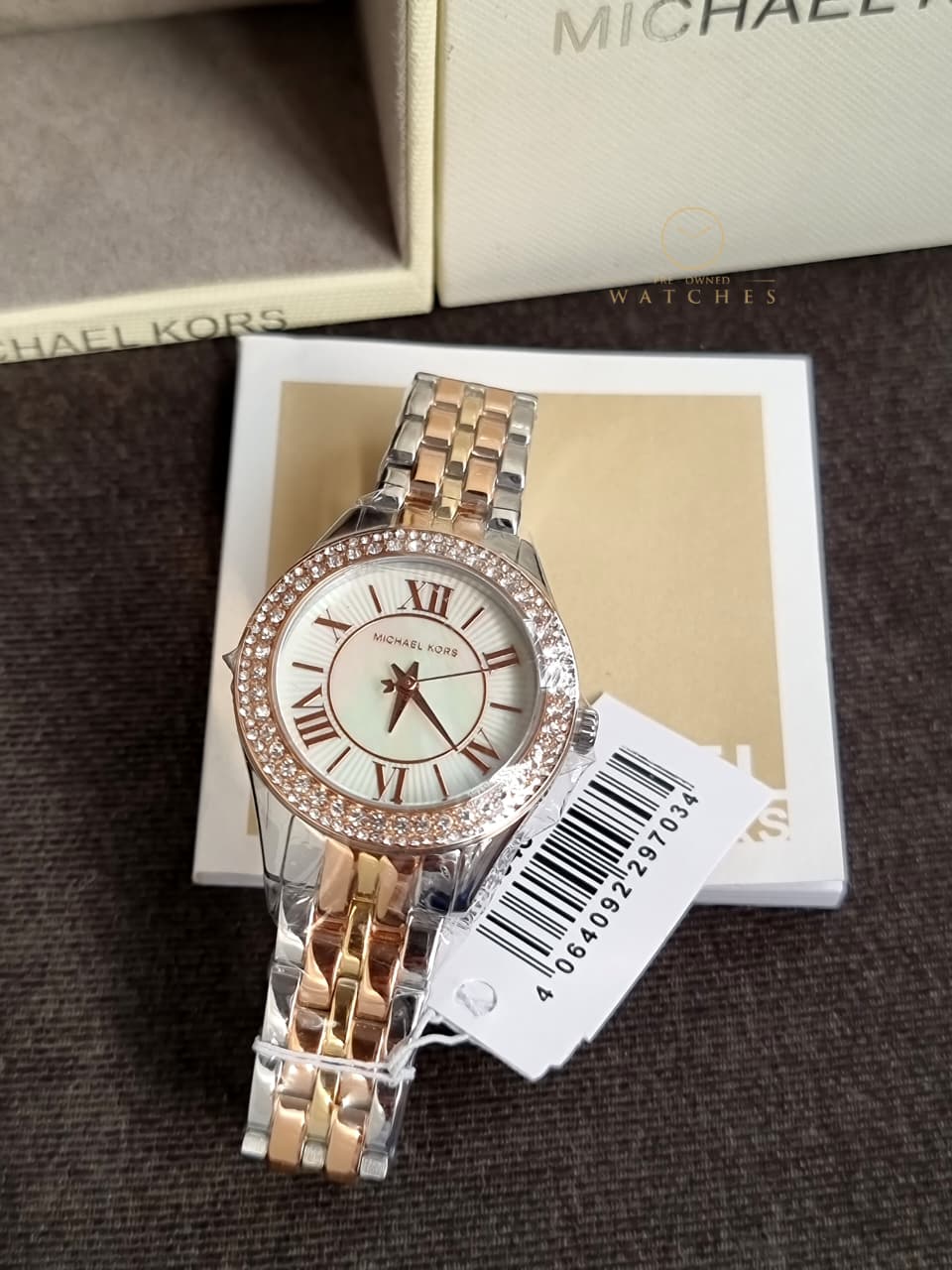 Michael Kors Harlowe Three-Hand Mother of Pearl White Dial Tri Tone Watch for Women - MK4846
